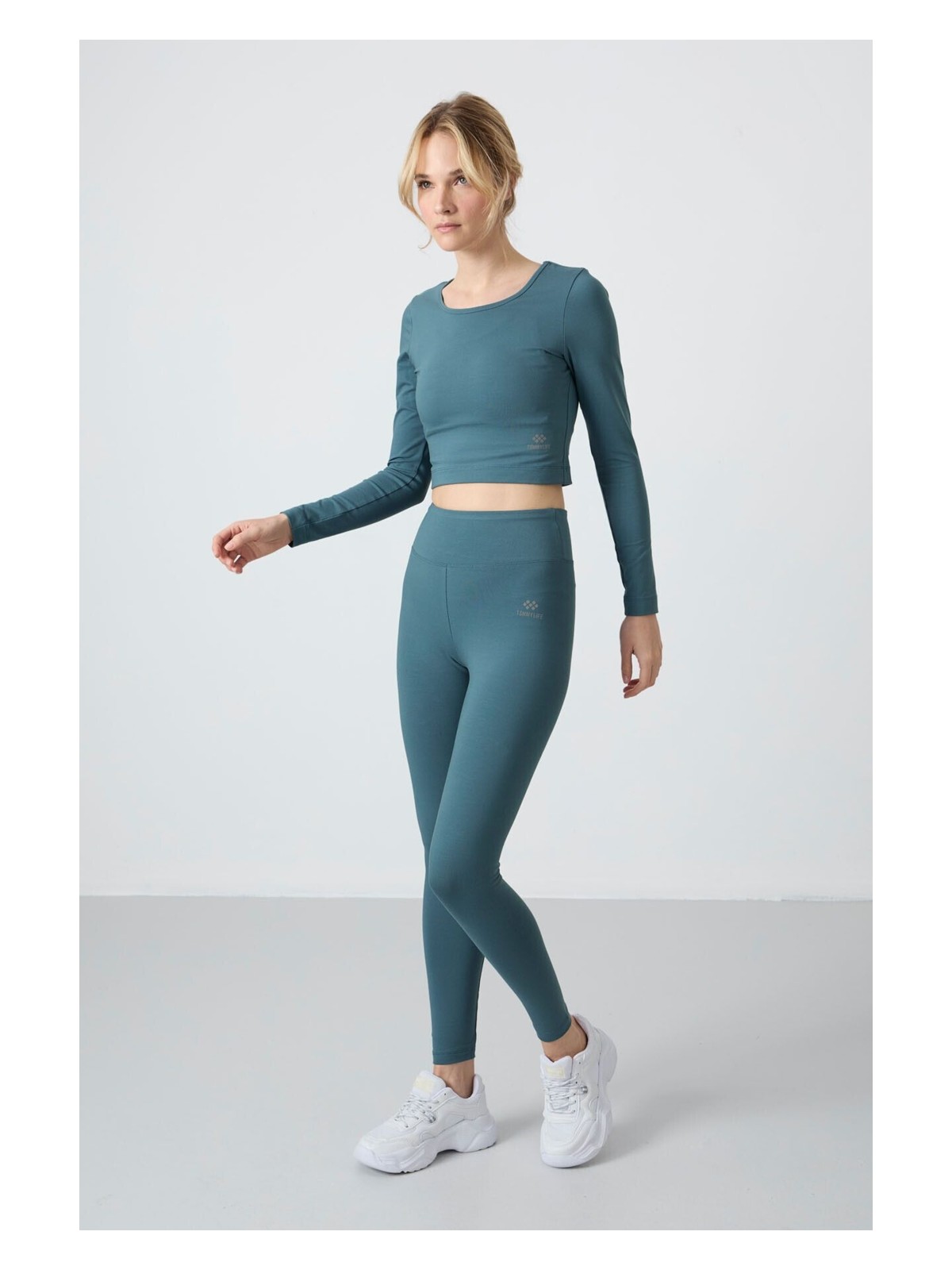 Tommy Life Siyah Yüksek Bel Uzun Kollu Slim Fit Crop Top Kadın Tayt Takım - 95286 - Görsel 10