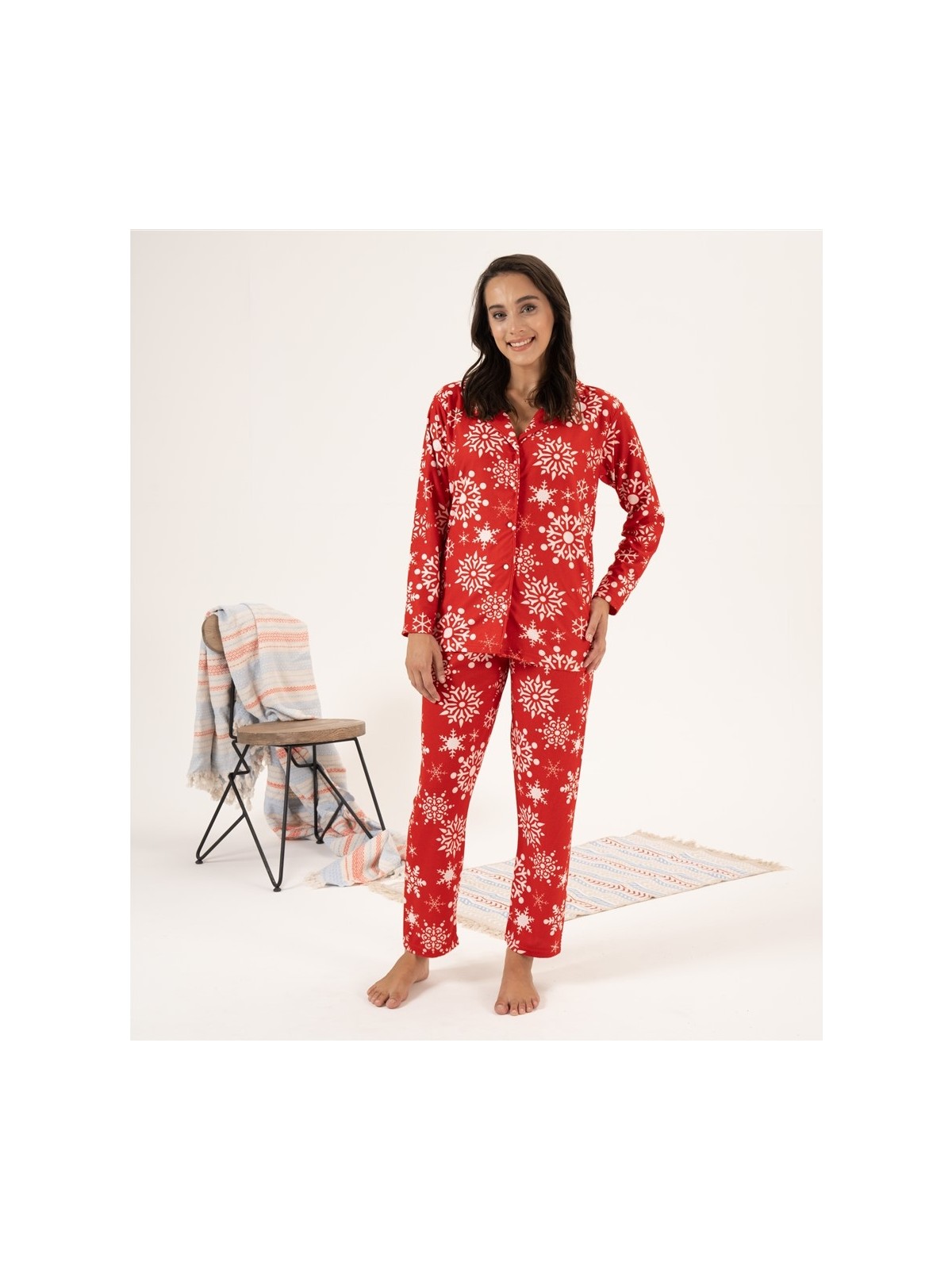 Estiva Kartanesi Desen Önden Düğmeli Süet Bayan Pijama Takım