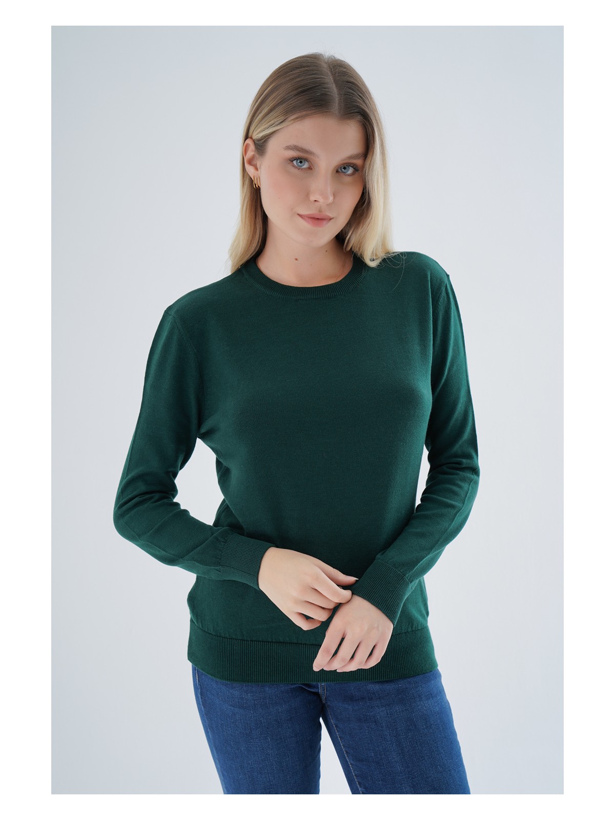 Trist Star Kadın Zümrüt %100 Organik Pamuk Bisiklet Yaka Triko Kazak TRIST-6101