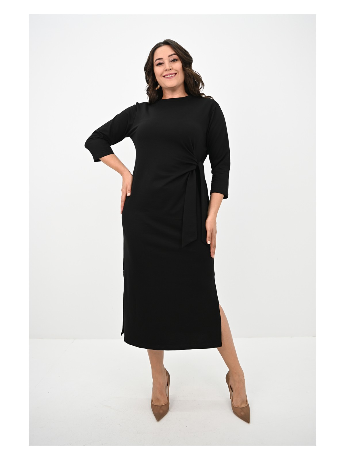 Koza Butik Kadın Büyük Beden Bel Bağlama Detaylı Elbise Şık ve Rahat 125 cm - Görsel 3