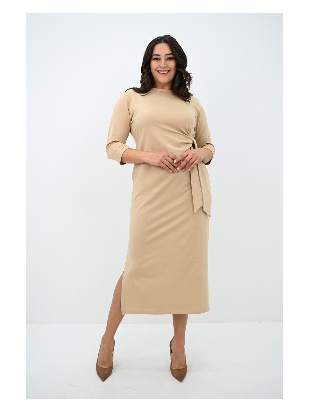 Koza Butik Kadın Büyük Beden Bel Bağlama Detaylı Elbise Şık ve Rahat 125 cm - Görsel 6