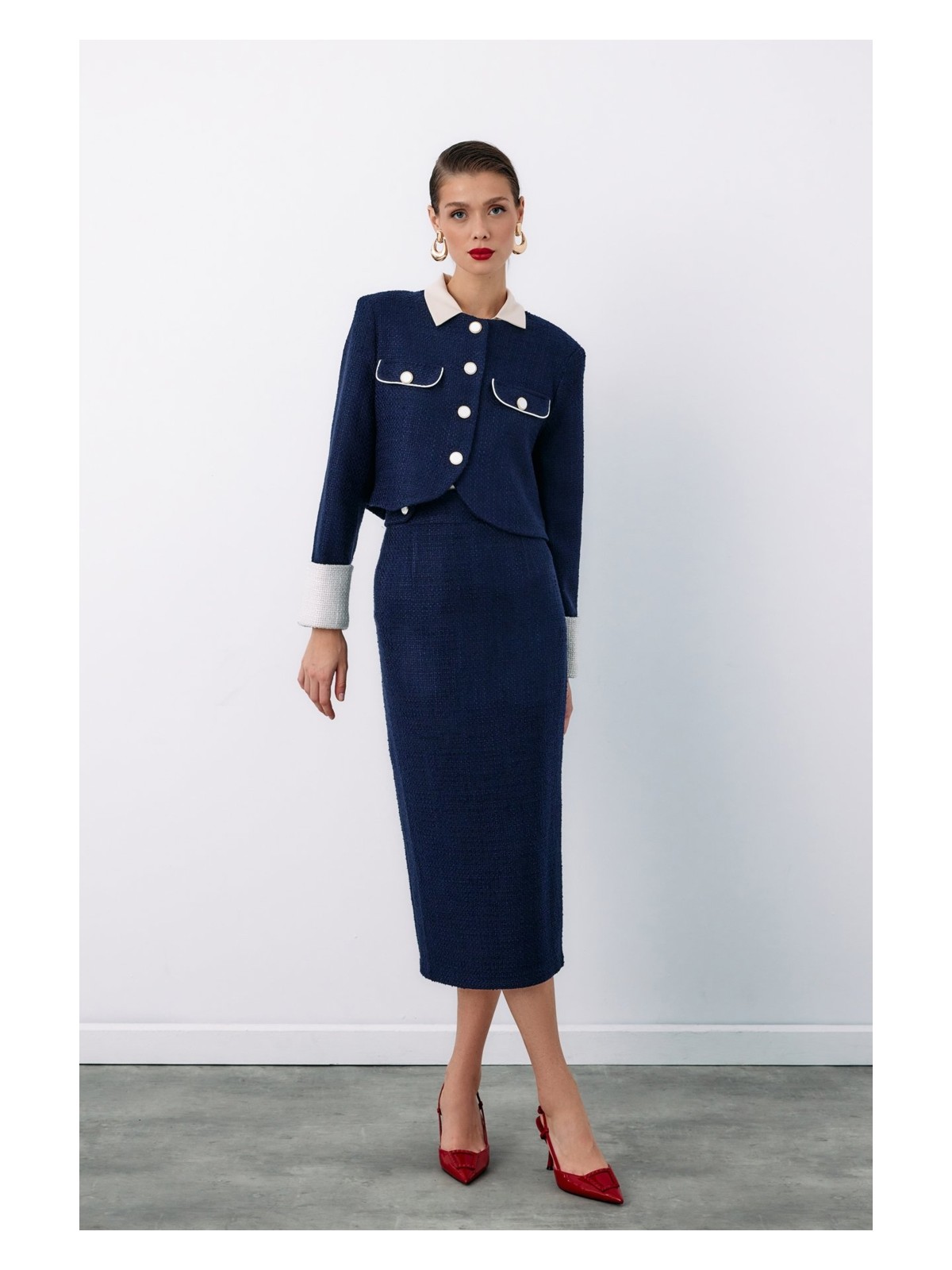 Sateen Süs Düğmeli Tüvit Kalem Etek - Siyah - Görsel 7