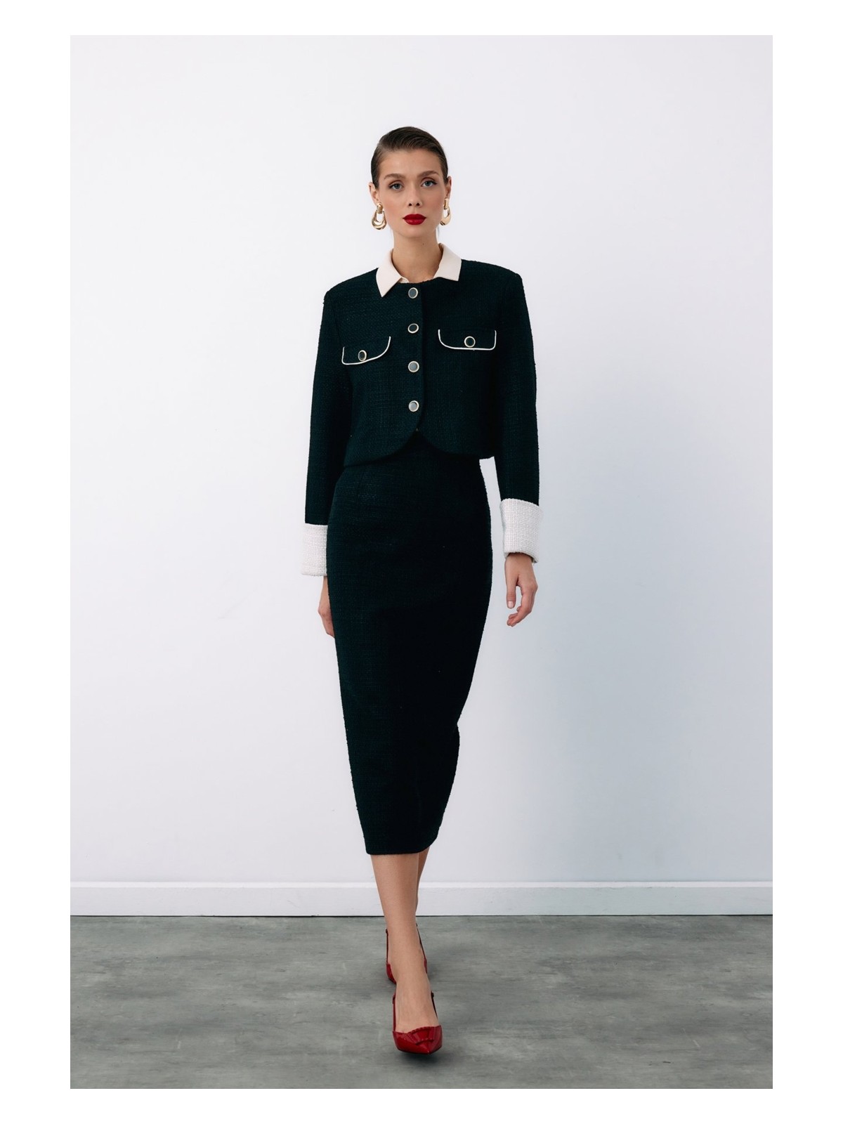 Sateen Süs Düğmeli Tüvit Kalem Etek - Siyah