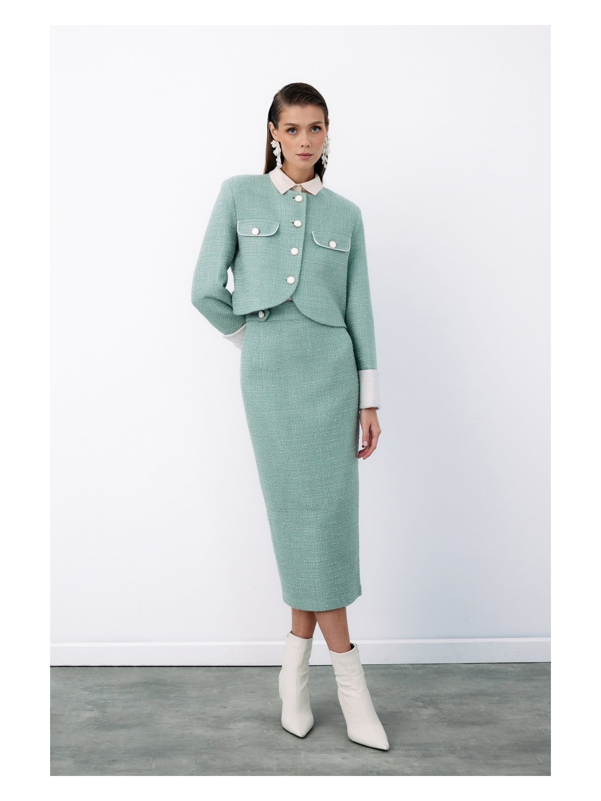 Sateen Süs Düğmeli Tüvit Kalem Etek - Siyah - Görsel 5