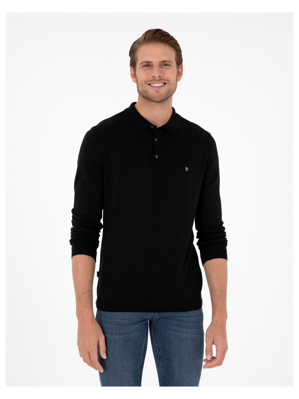 Pierre Cardin Erkek Siyah Slim Fit Polo Yaka Basic Triko Kazak 50296623-VR046