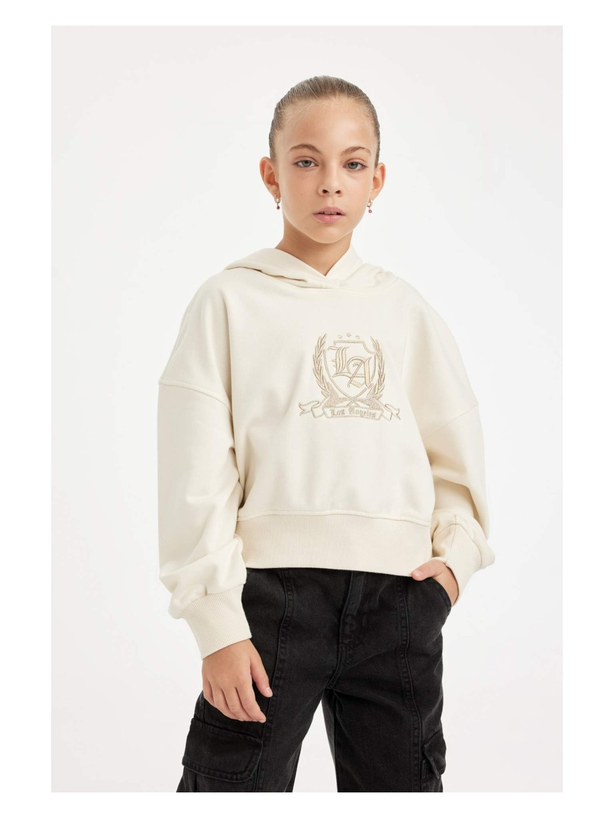 DeFacto Oversize Geniş Kalıp Kapüşonlu İşlemeli Sweatshirt Kız Çocuk D2885A824WN