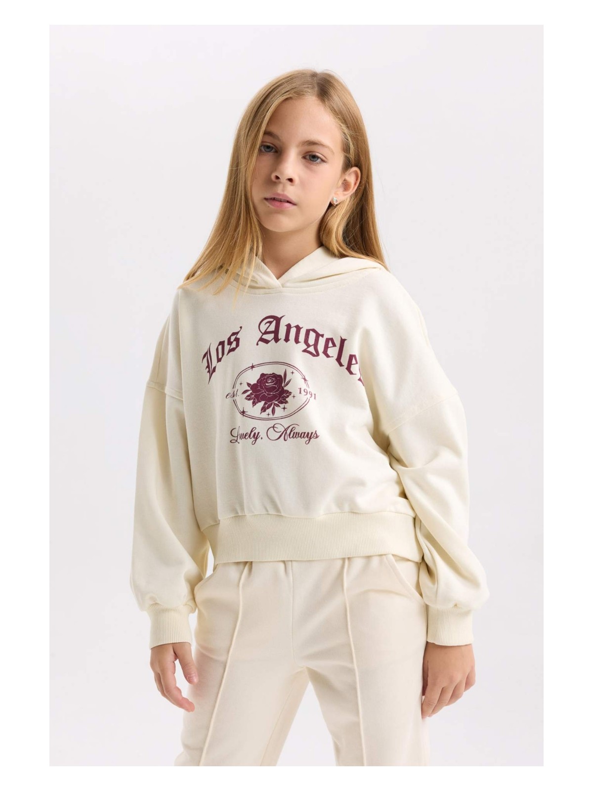 DeFacto Ekru Oversize Geniş Kalıp Kapüşonlu Baskılı Sweatshirt Kız Çocuk D7041A824WN