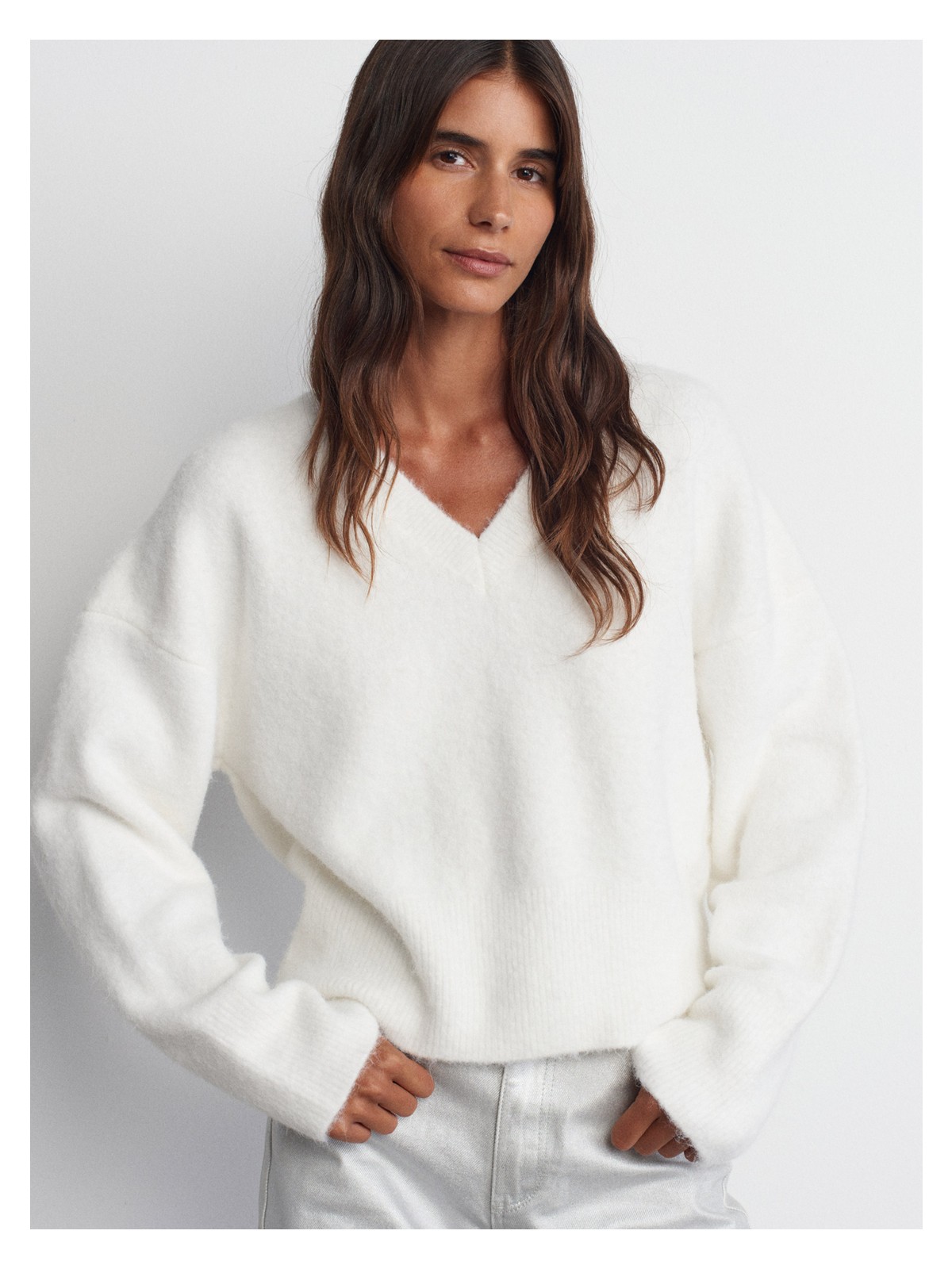 Dilvin 10645 V Yaka Yün Karışımlı Kazak-K.bej Mel. - Görsel 5