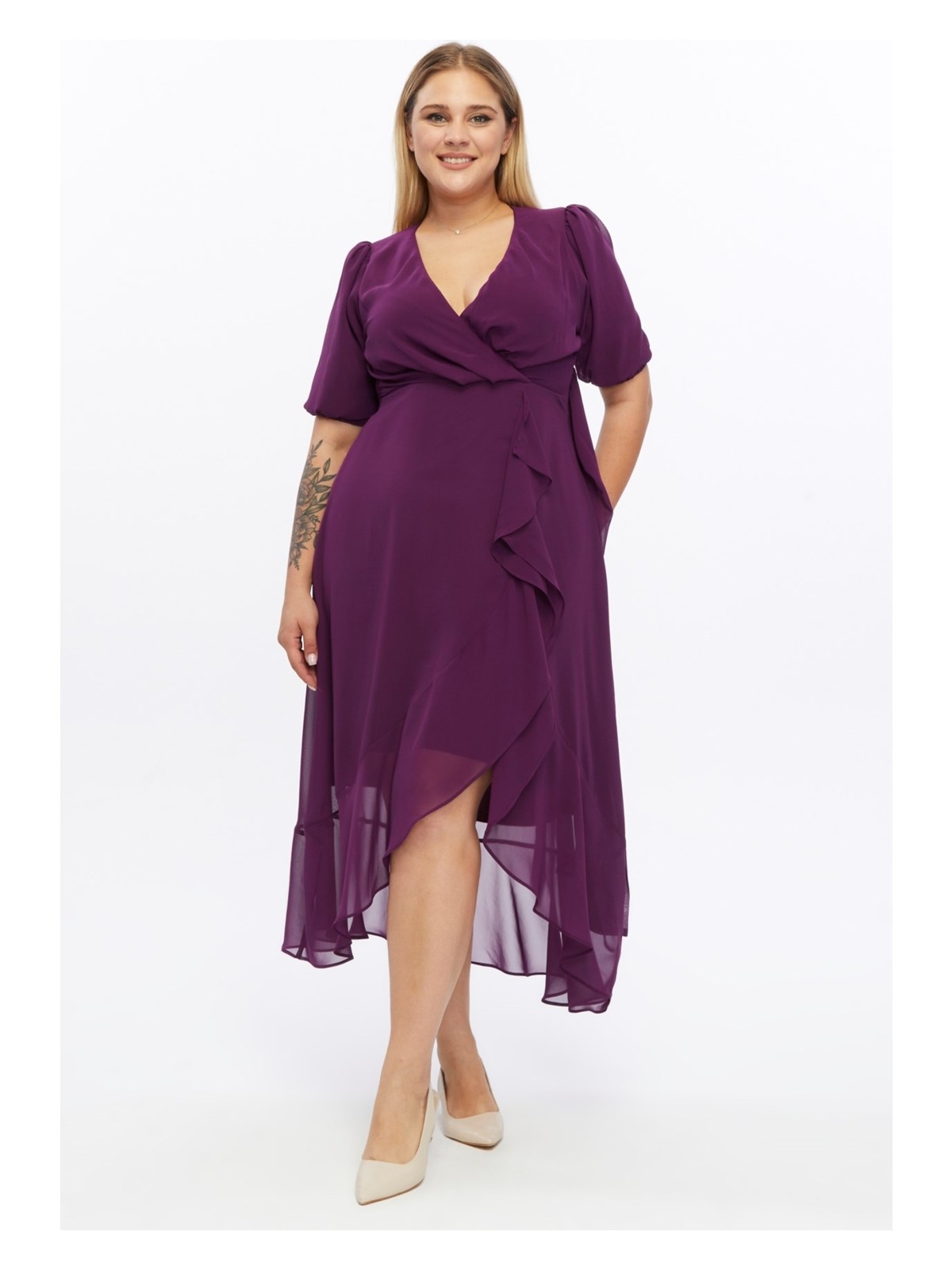 Apsen Kadın Bordo Kruvaze Kuşaklı Volan Detaylı Büyük Beden Şifon Elbise 4495-130 - Görsel 4