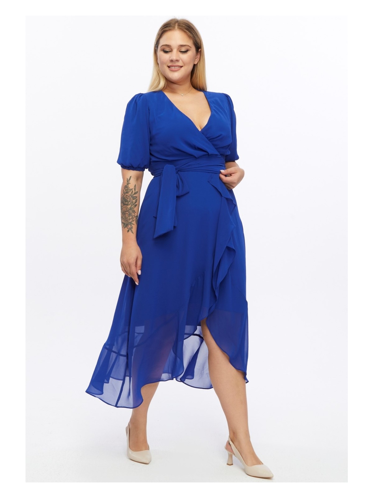 Apsen Kadın Bordo Kruvaze Kuşaklı Volan Detaylı Büyük Beden Şifon Elbise 4495-130 - Görsel 5