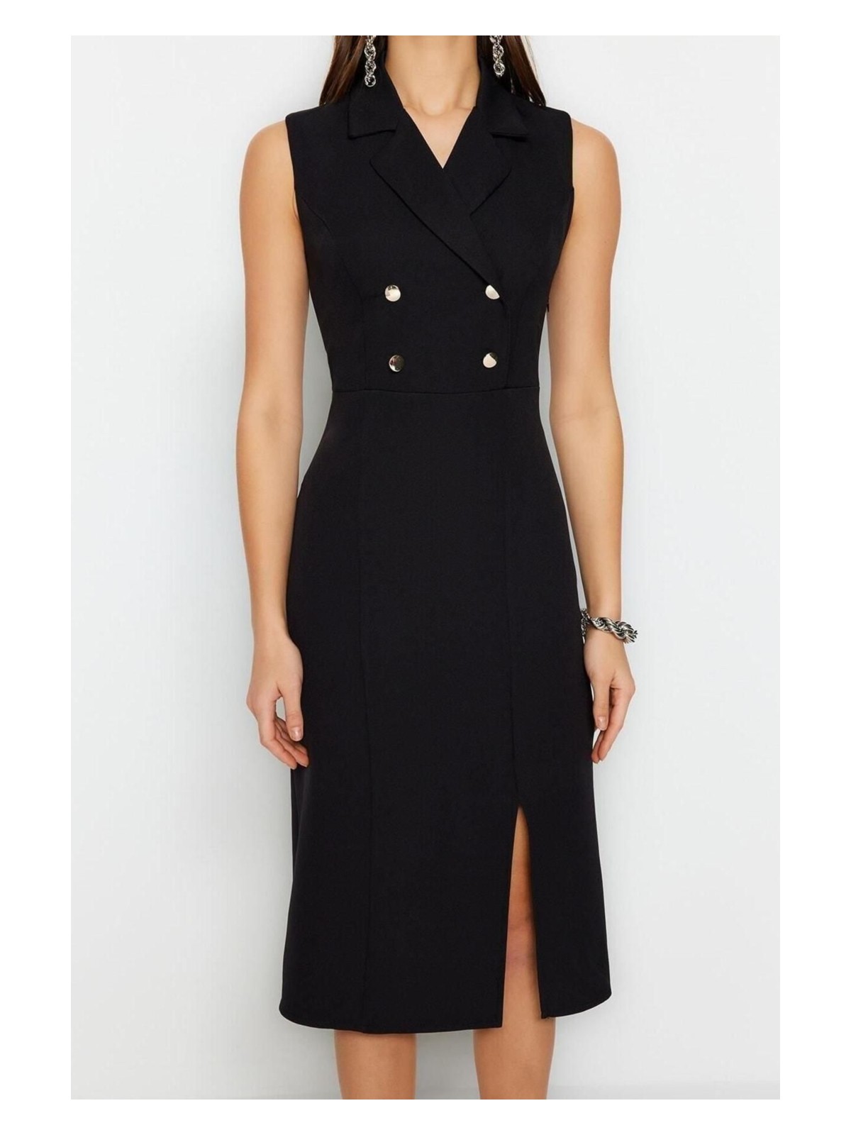 Ersefa Moda Regular Gündüz Gece Finike Dokuma Ceket Yaka Kolsuz Kol Bodycone Midi Boy Elbise