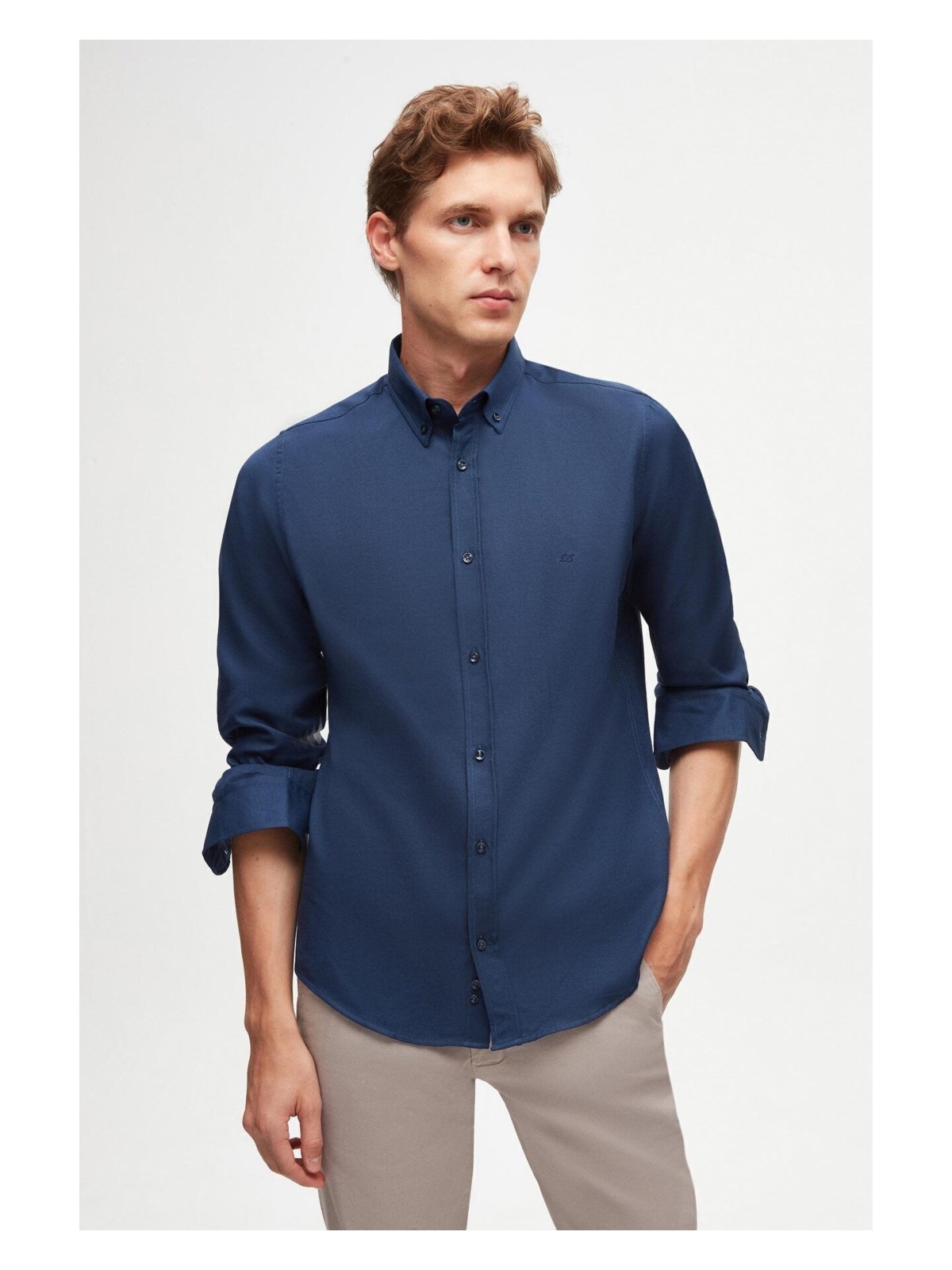 D'S Damat Slim Fit İndigo Oxford Düğmeli Yaka Kolay Ütülenebilir Nakış Detaylı Pamuklu Gömlek 4HC02ORT03265