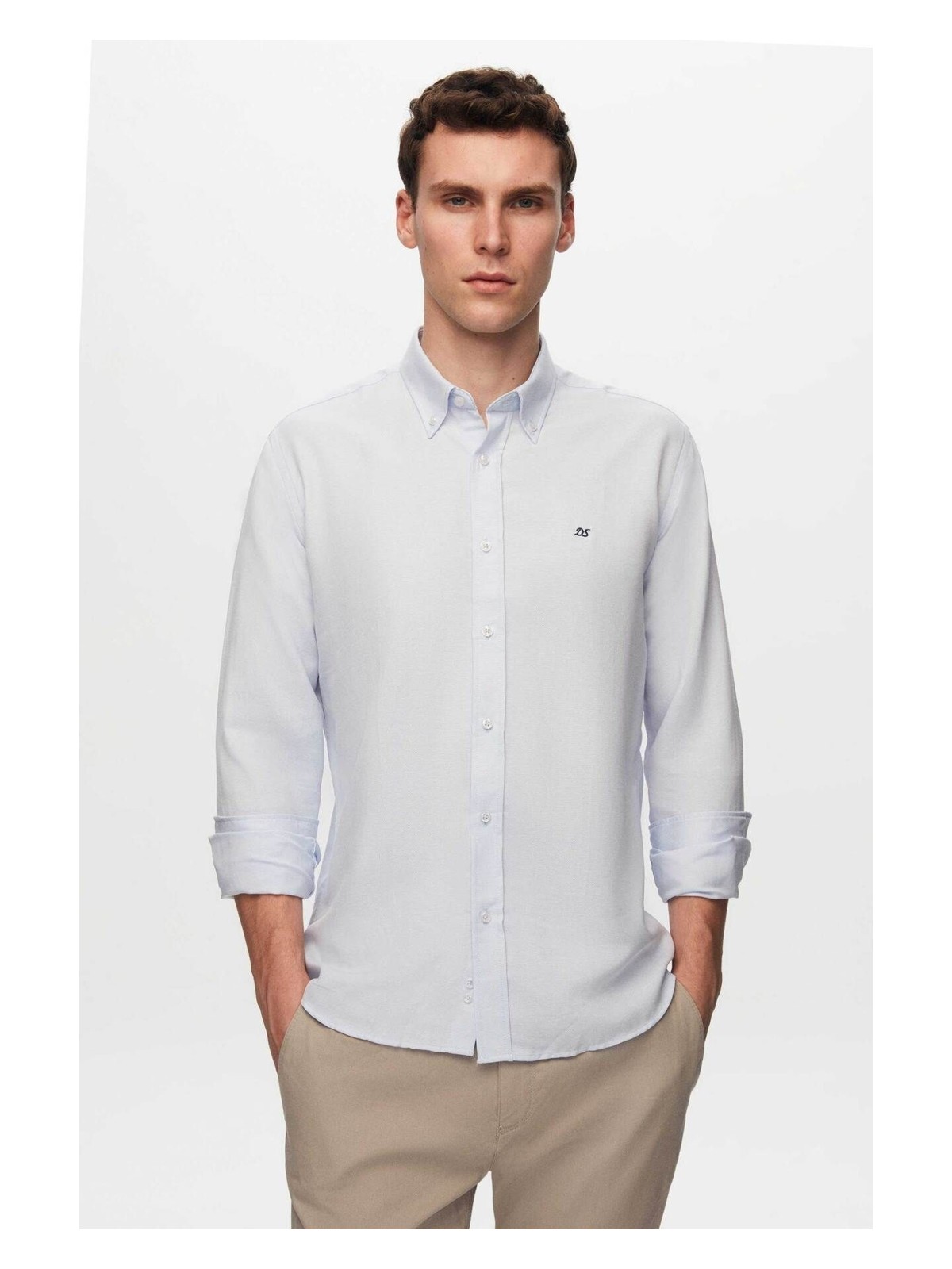 D'S Damat Slim Fit Bej Oxford Düğmeli Yaka Kolay Ütülenebilir Nakış Detaylı Pamuklu Gömlek 4HC02ORT03265 - Görsel 3