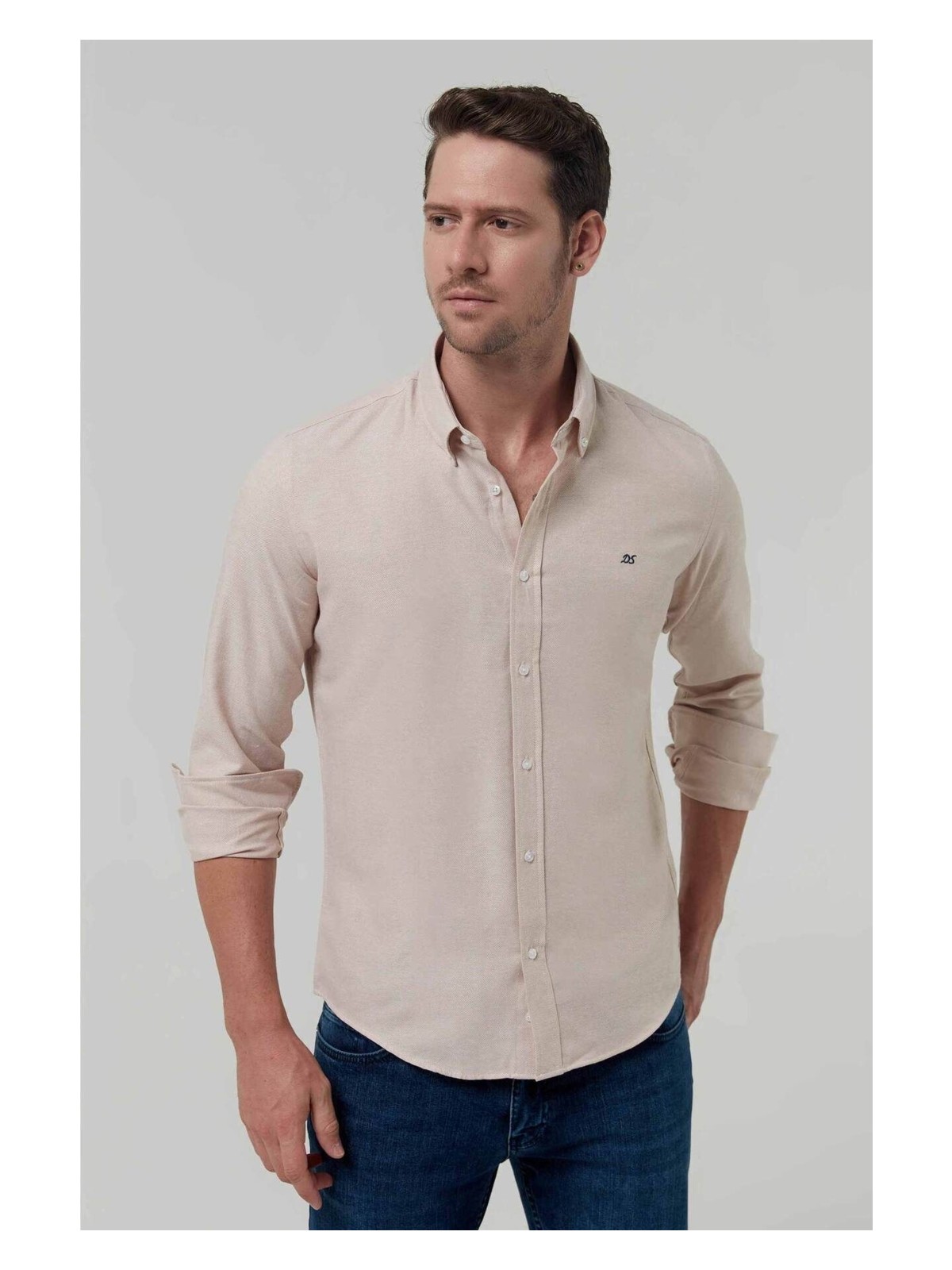 D'S Damat Slim Fit Bej Oxford Düğmeli Yaka Kolay Ütülenebilir Nakış Detaylı Pamuklu Gömlek 4HC02ORT03265