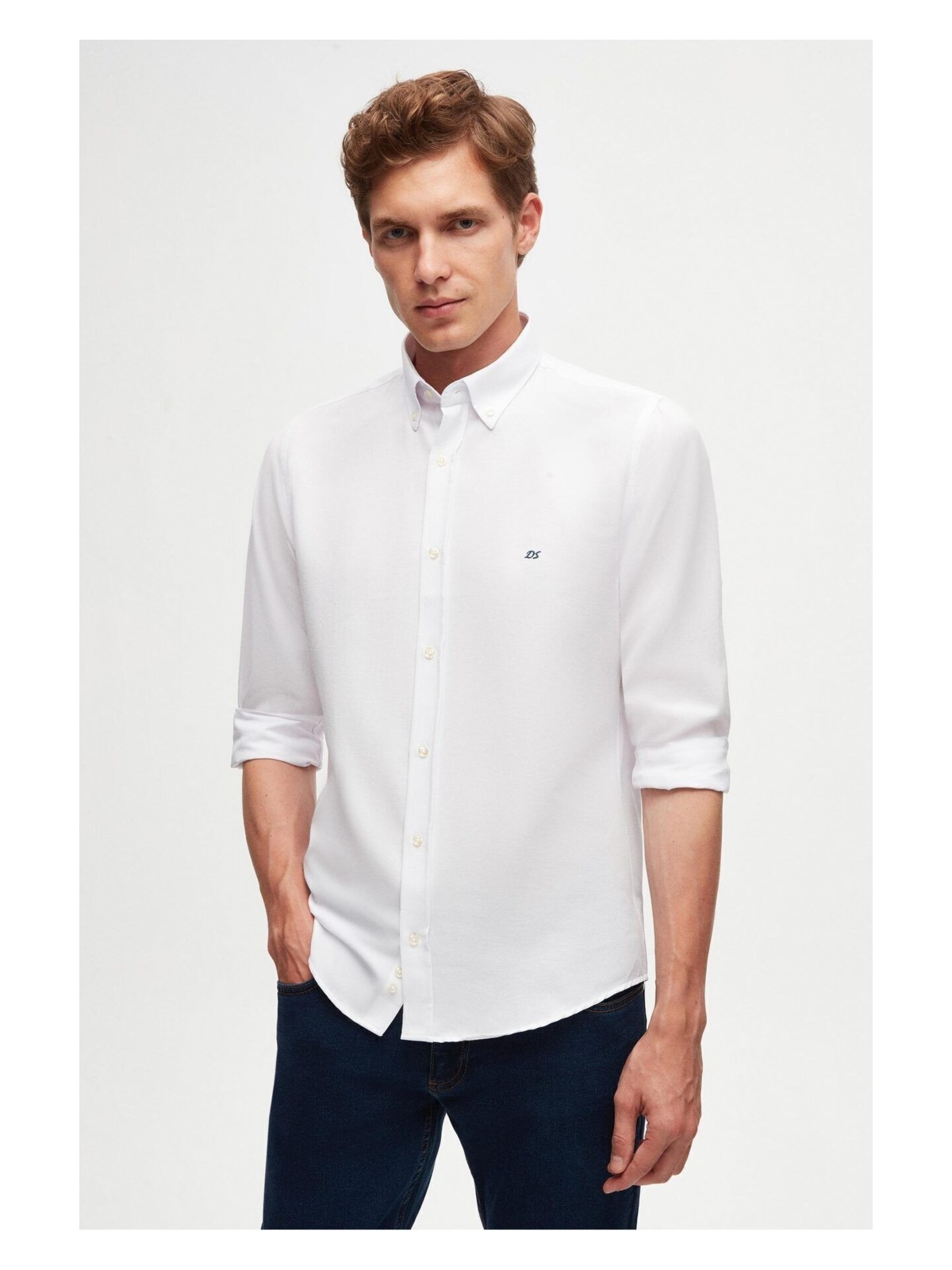 D'S Damat Slim Fit Bej Oxford Düğmeli Yaka Kolay Ütülenebilir Nakış Detaylı Pamuklu Gömlek 4HC02ORT03265 - Görsel 6