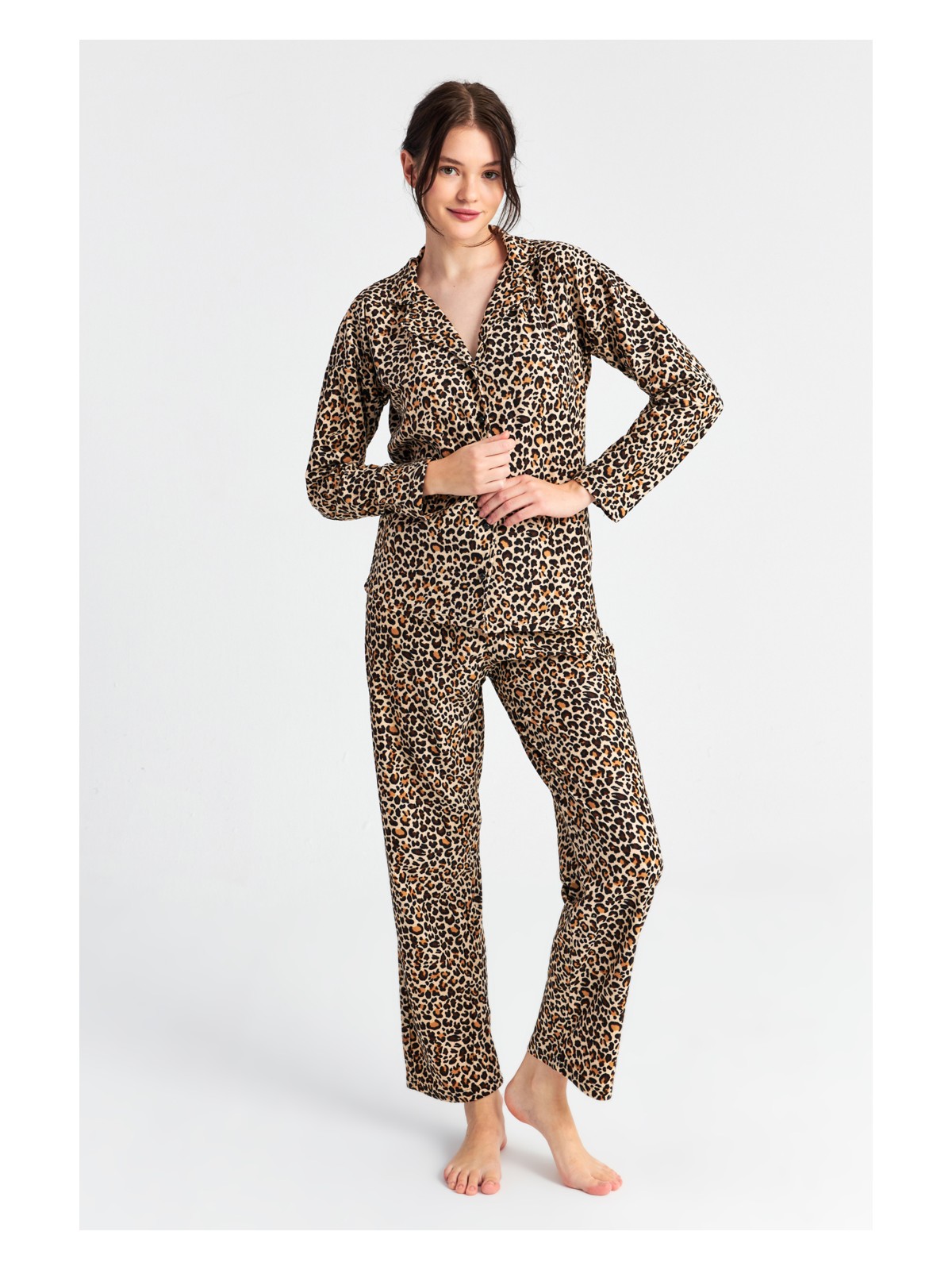 Ecrou Kadın Leopar Desenli Uzun Kol Bebe Yaka Pantolon Pijama Takım