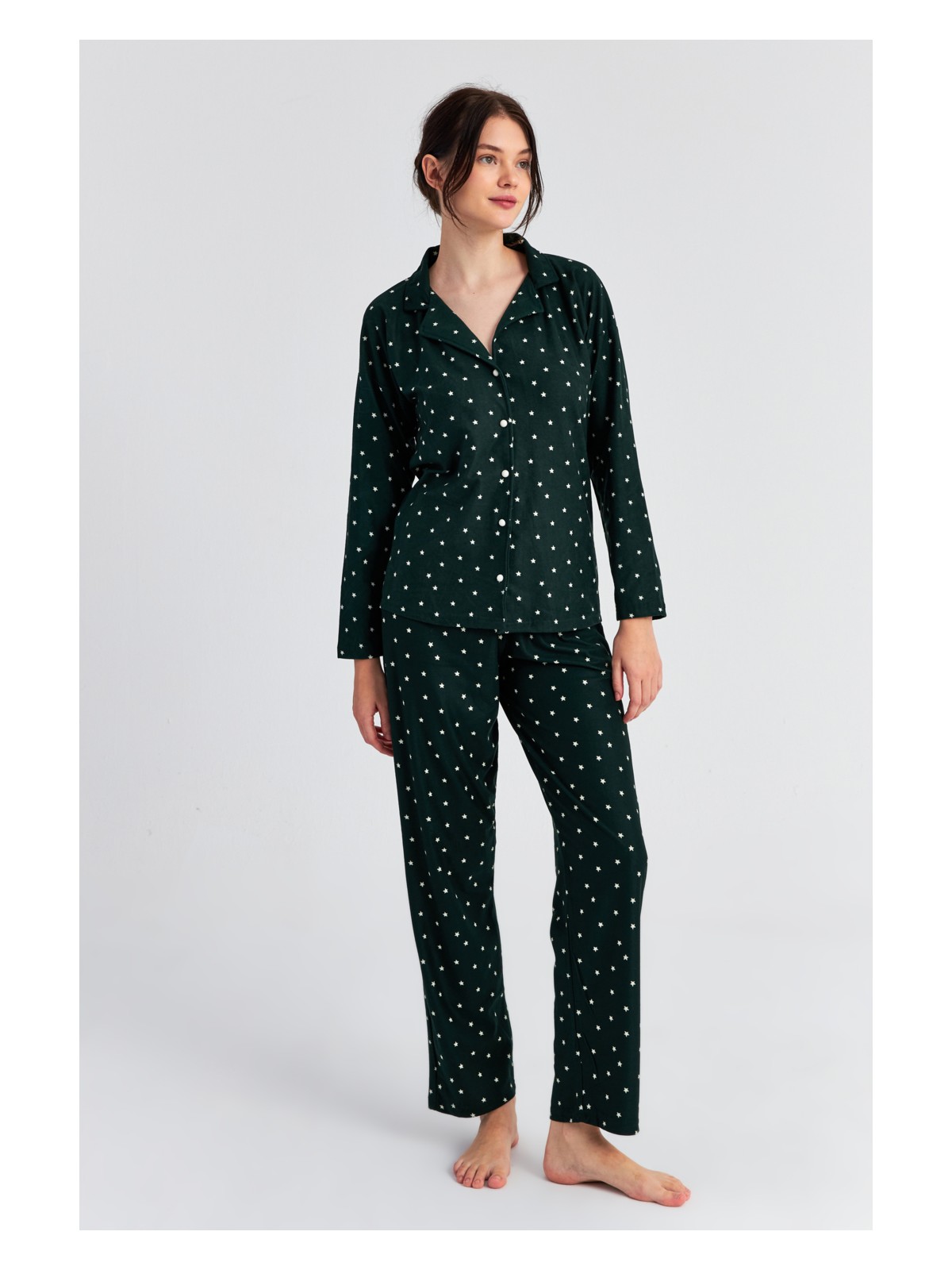 Ecrou Kadın Leopar Desenli Uzun Kol Bebe Yaka Pantolon Pijama Takım - Görsel 7