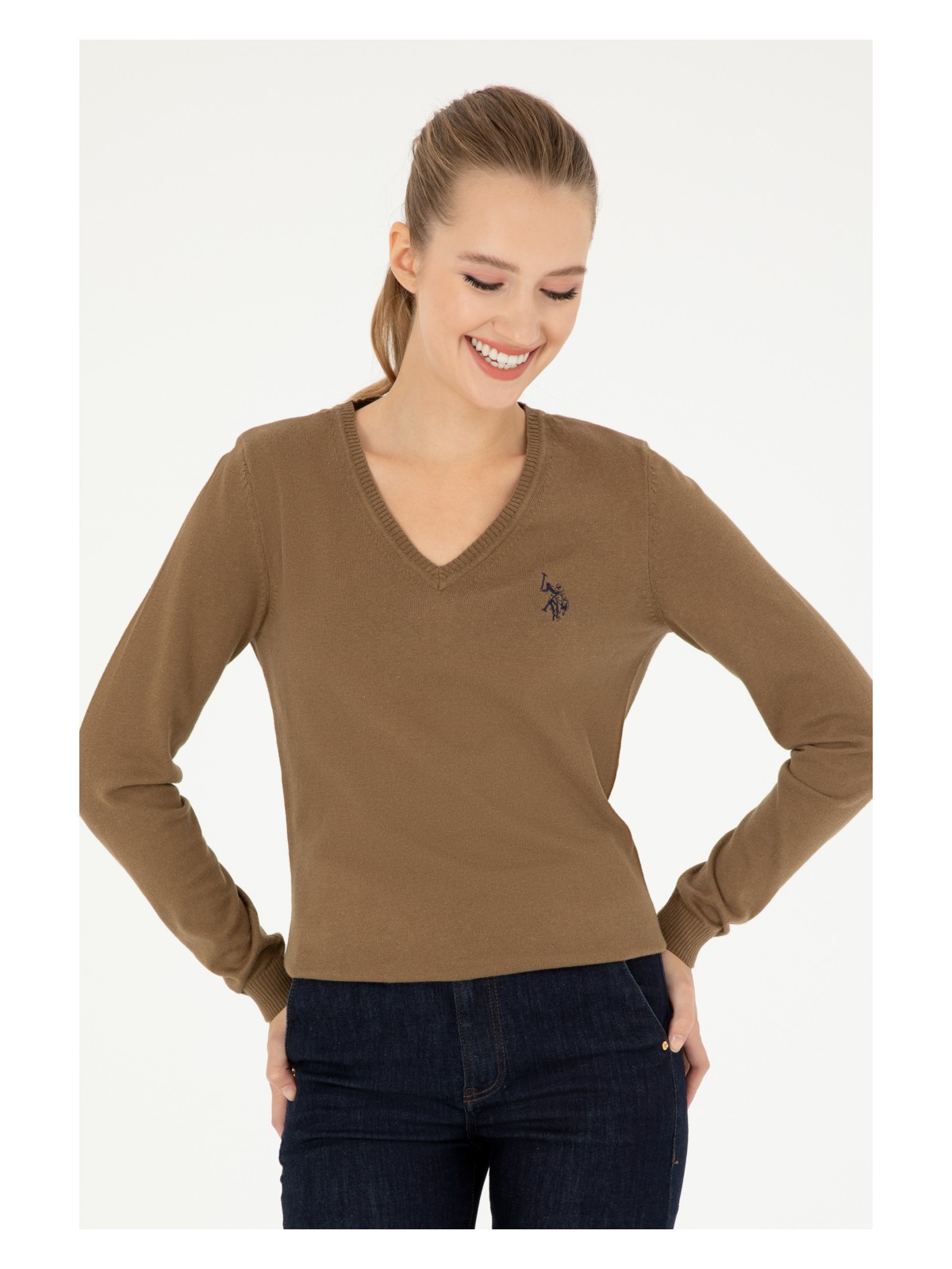 U.S. Polo Assn. Kadın Koyu Haki Melanj V Yaka Basic Kazak 50293542-VR126