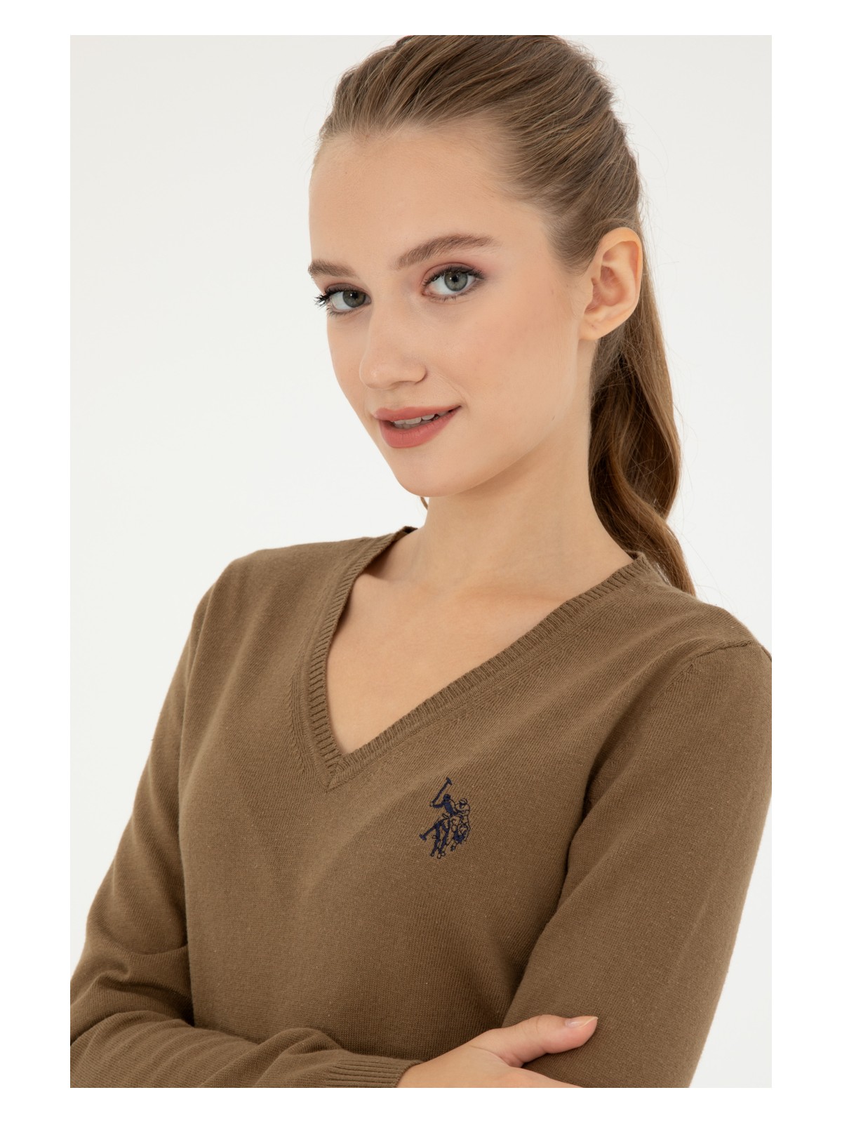 U.S. Polo Assn. Kadın Koyu Haki Melanj V Yaka Basic Kazak 50293542-VR126 - Görsel 2
