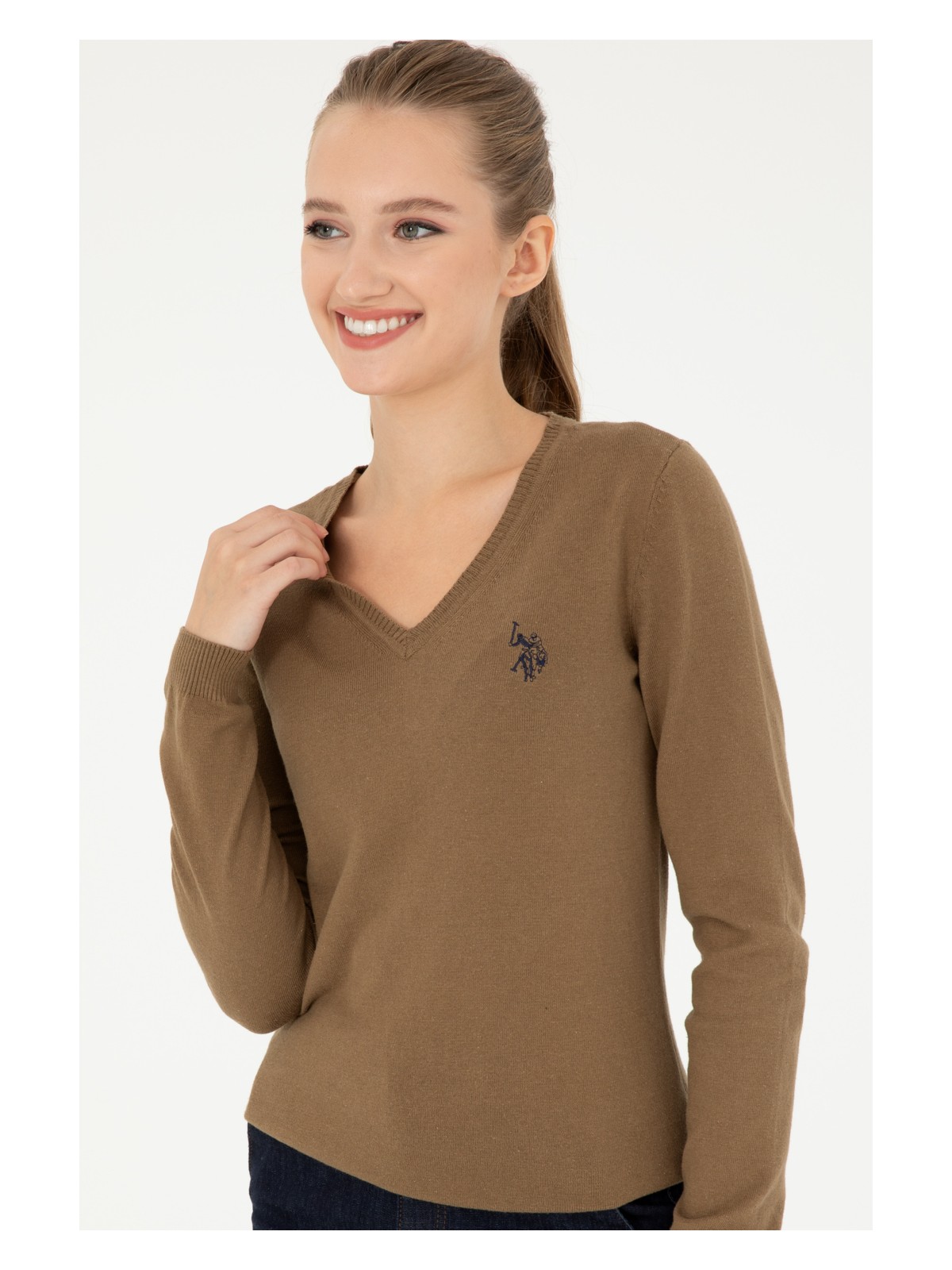 U.S. Polo Assn. Kadın Koyu Haki Melanj V Yaka Basic Kazak 50293542-VR126 - Görsel 3
