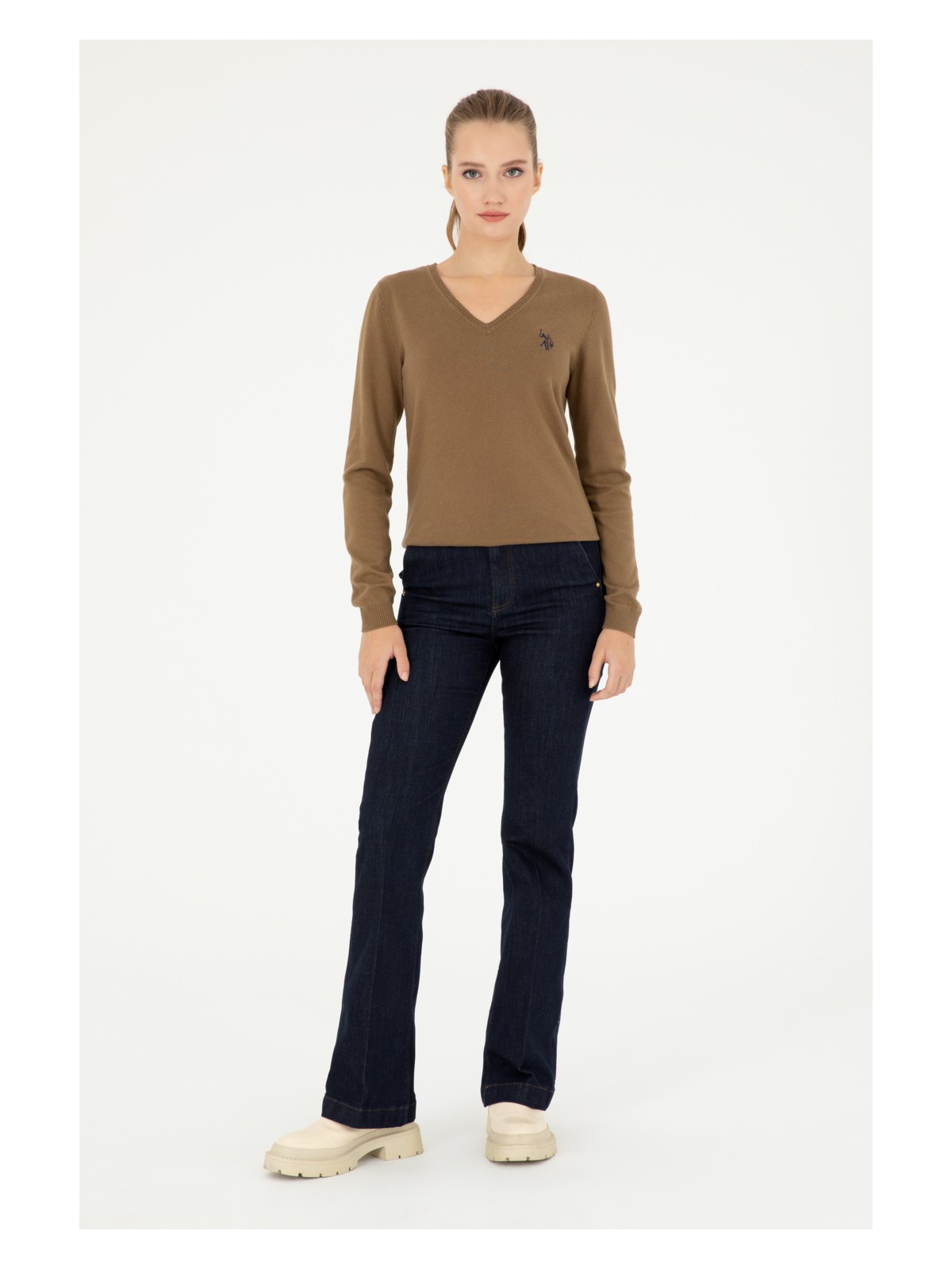 U.S. Polo Assn. Kadın Koyu Haki Melanj V Yaka Basic Kazak 50293542-VR126 - Görsel 4
