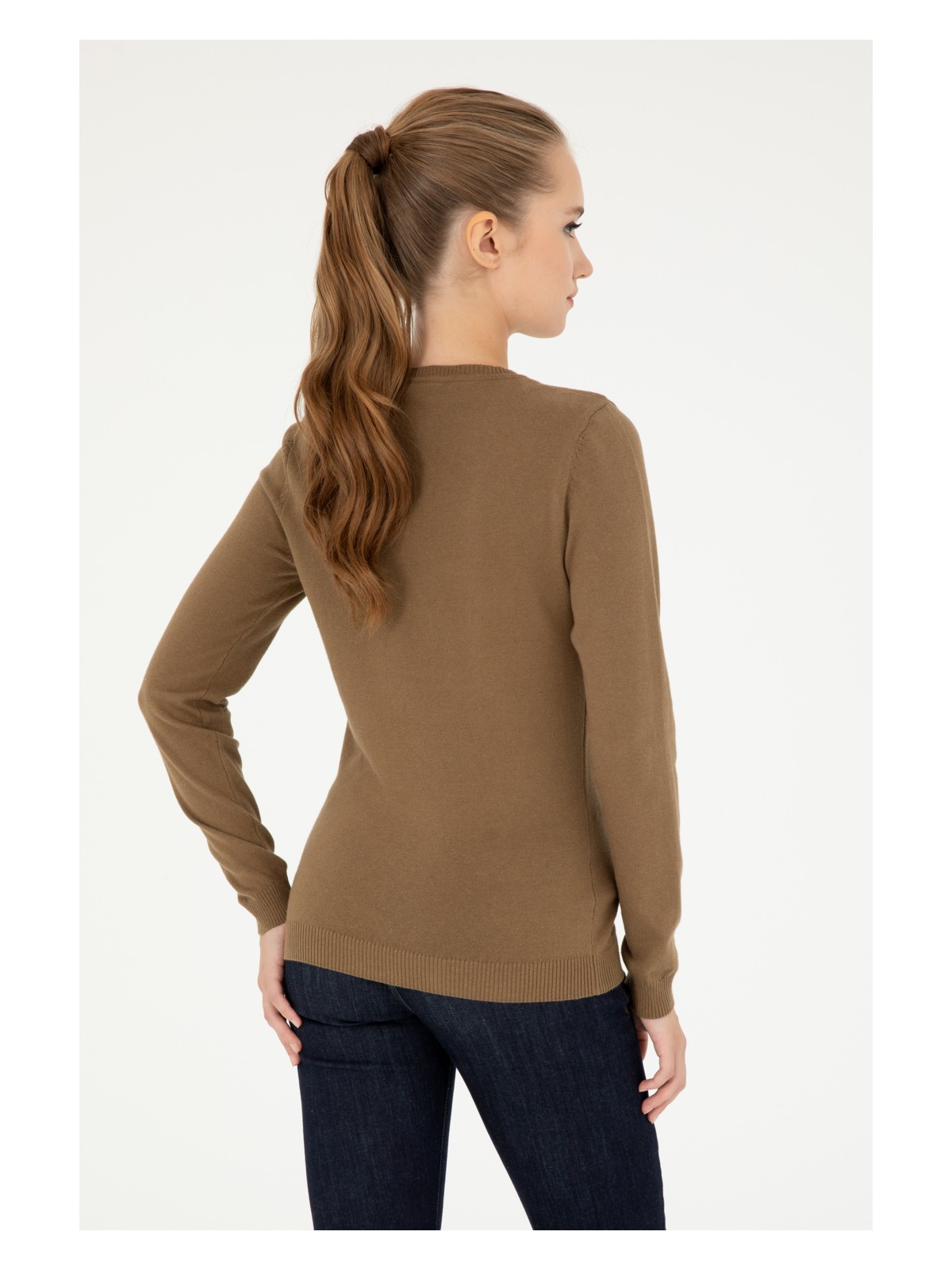 U.S. Polo Assn. Kadın Koyu Haki Melanj V Yaka Basic Kazak 50293542-VR126 - Görsel 5