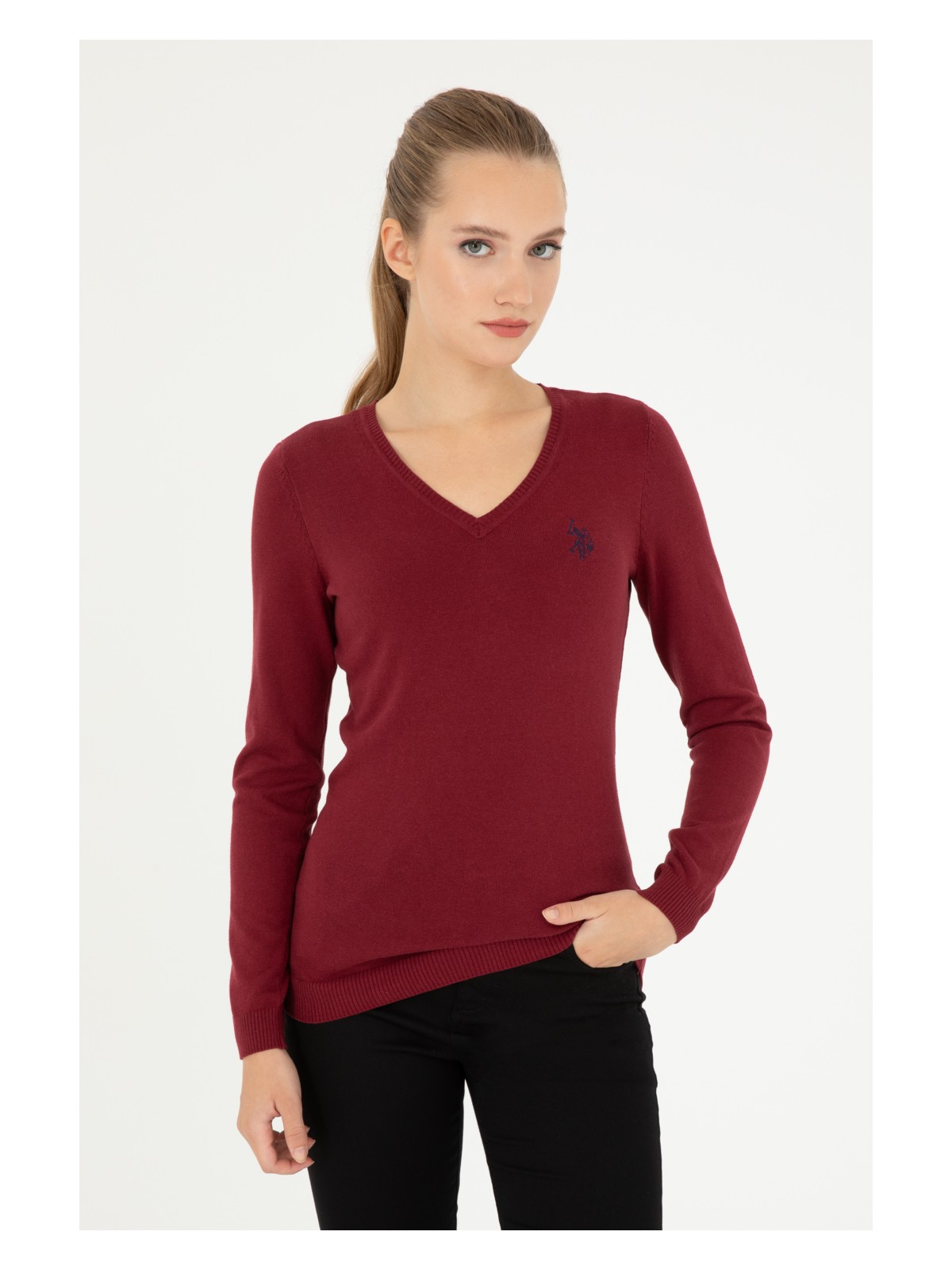 U.S. Polo Assn. Kadın Bordo V Yaka Basic Kazak 50293542-VR014