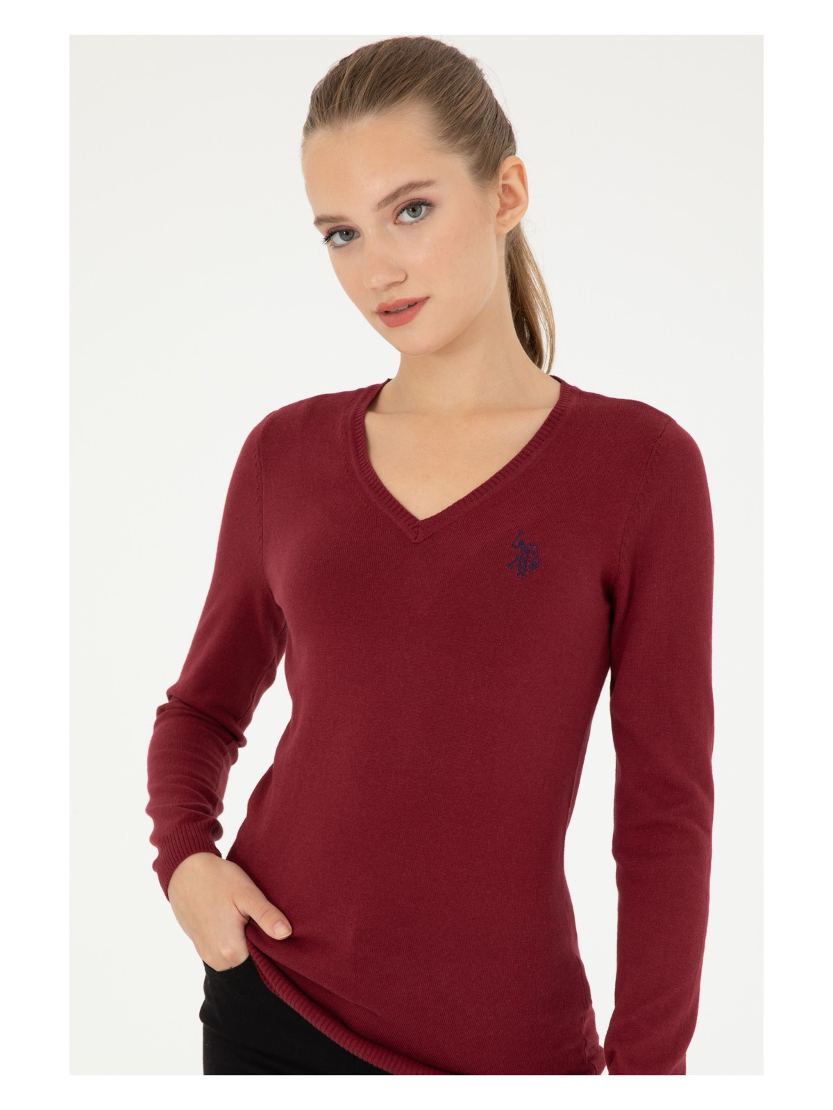 U.S. Polo Assn. Kadın Bordo V Yaka Basic Kazak 50293542-VR014 - Görsel 3