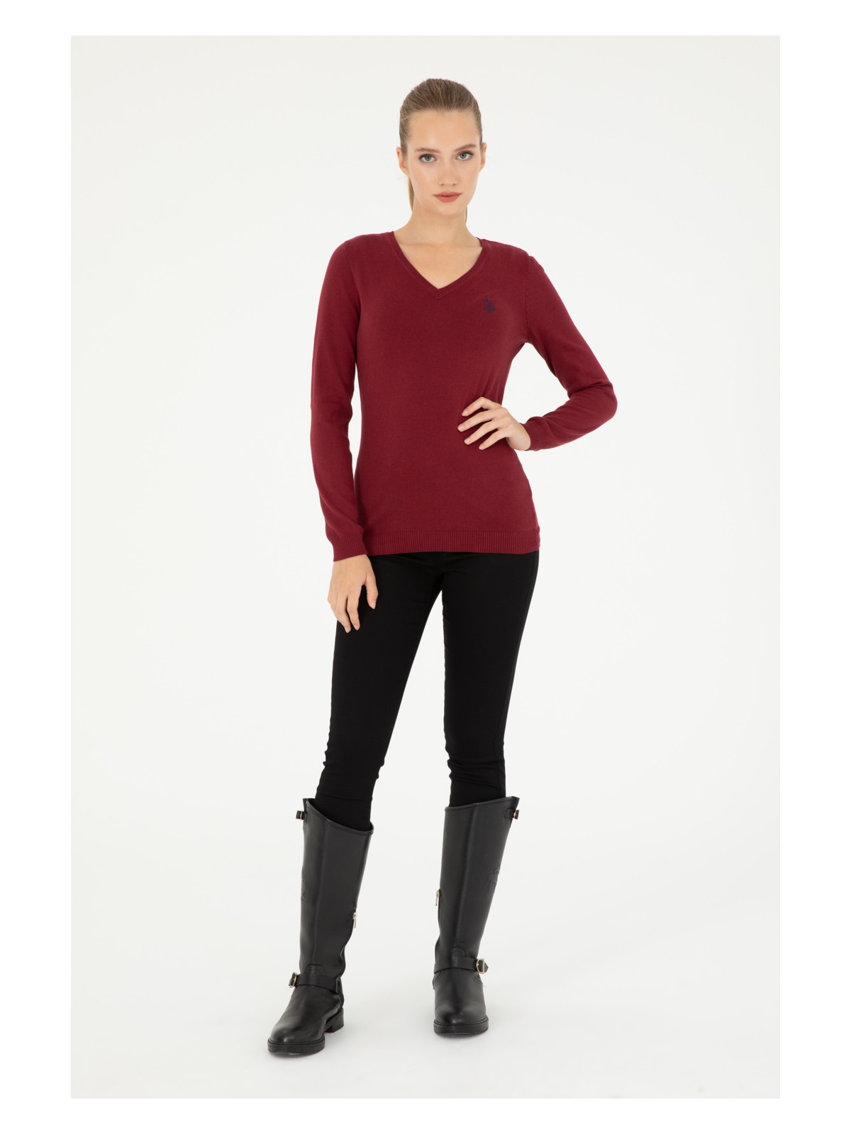 U.S. Polo Assn. Kadın Bordo V Yaka Basic Kazak 50293542-VR014 - Görsel 4