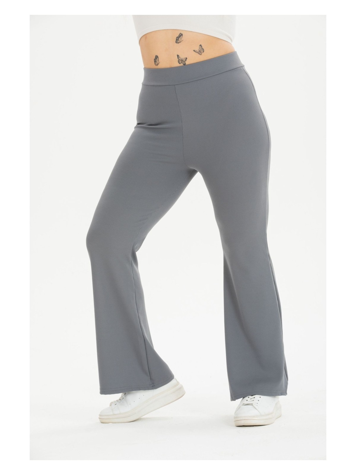 Banega Curve Büyük Beden Fitilli Ispanyol Paça Şardonlu Polarlı Yüksek Bel Toparlayıcı Siyah Tayt - Görsel 6