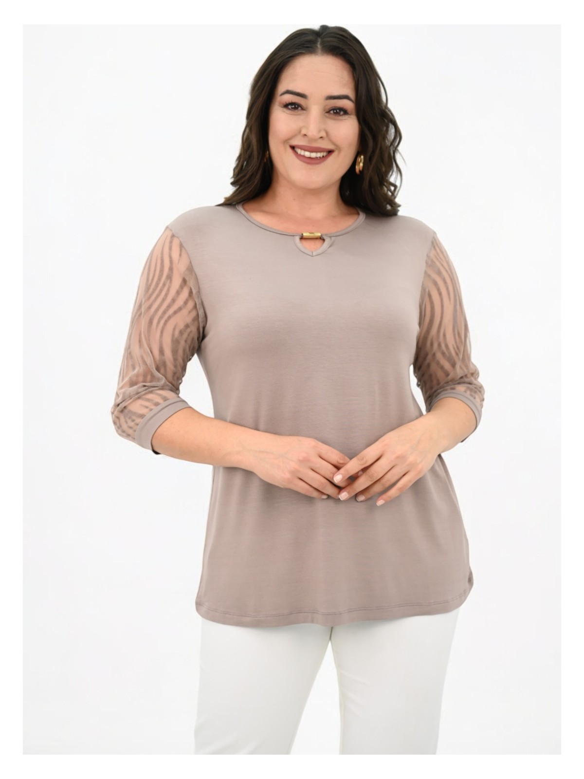 Koza Butik Kadın Büyük Beden Tül Detaylı Aksesuar Yaka Bluz 1864-25