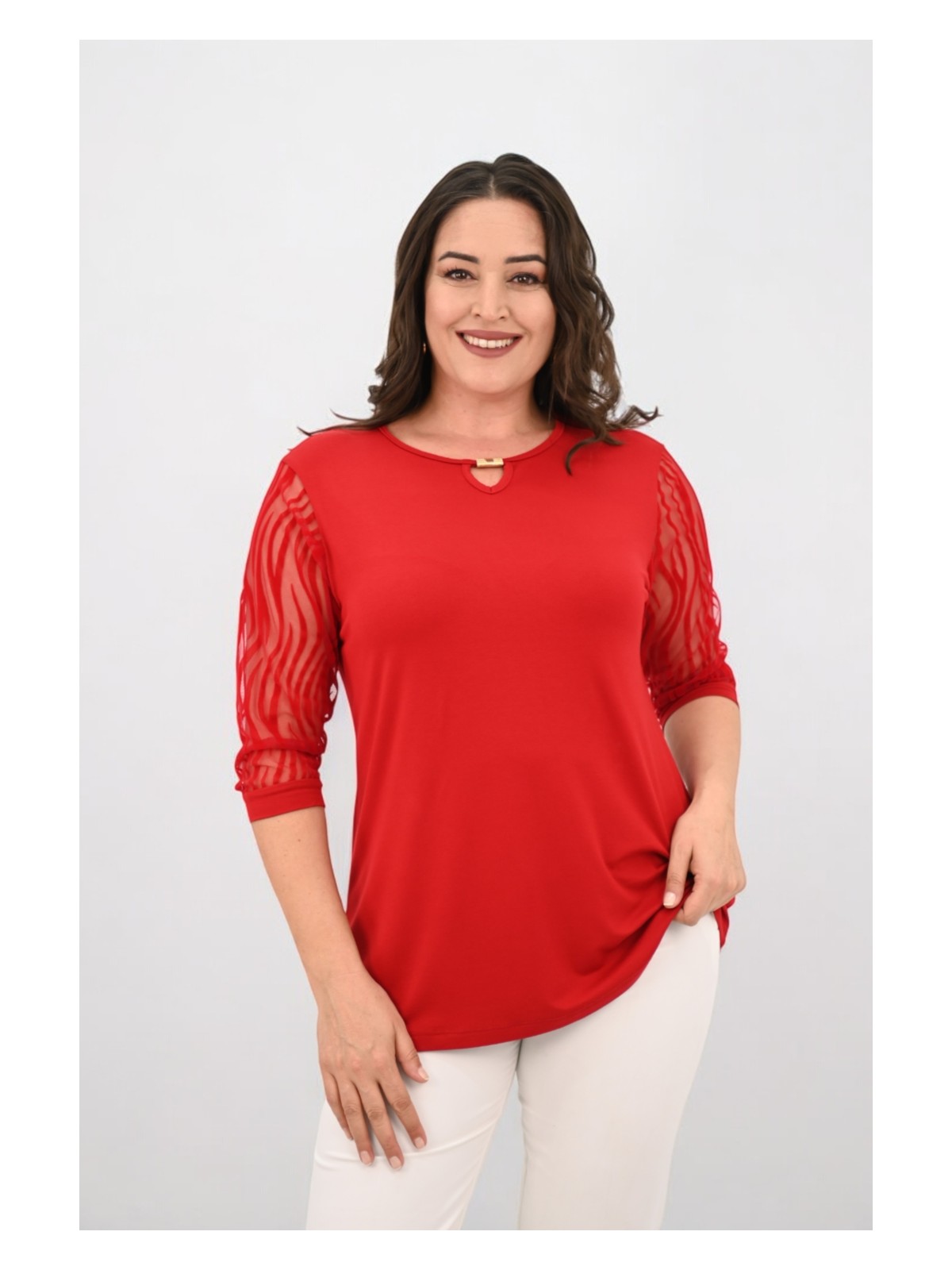 Koza Butik Kadın Büyük Beden Tül Detaylı Aksesuar Yaka Bluz 1864-25 - Görsel 6