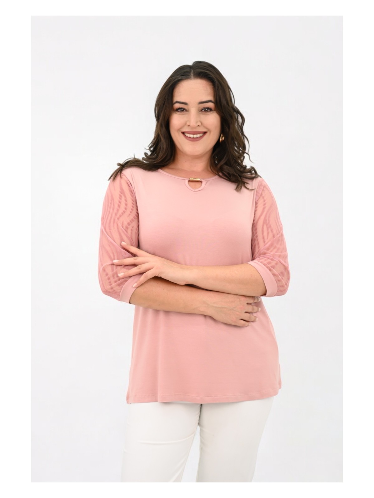 Koza Butik Kadın Büyük Beden Tül Detaylı Aksesuar Yaka Bluz 1864-25 - Görsel 3