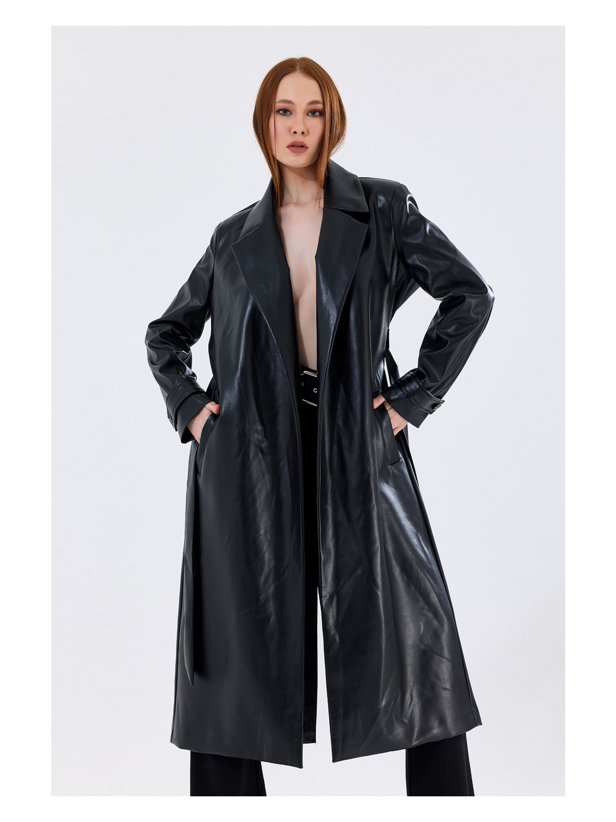 Sense Astarlı Beli Kuşaklı Apoletli Suni Deri Trençkot Pardüsü