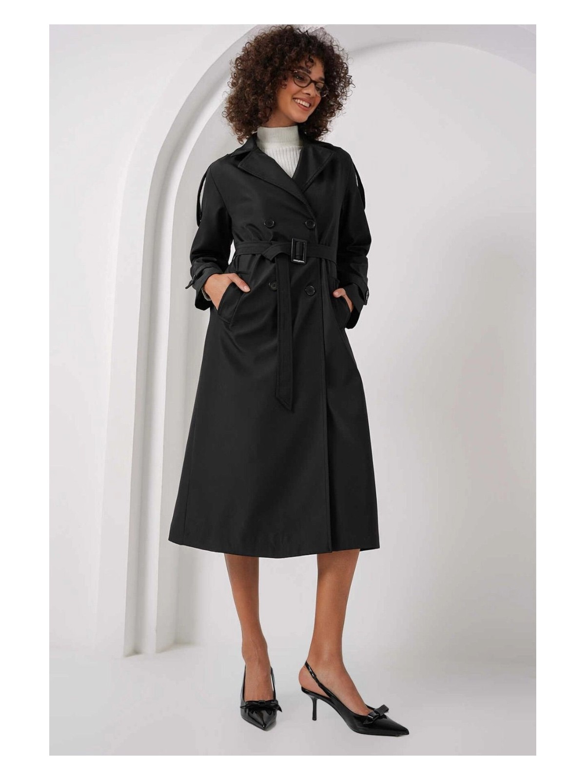 Hazelin Kadın Siyah Kruvaze Yaka Astarlı Kemerli Mevsimlik Trençkot HZL25W-BD159411