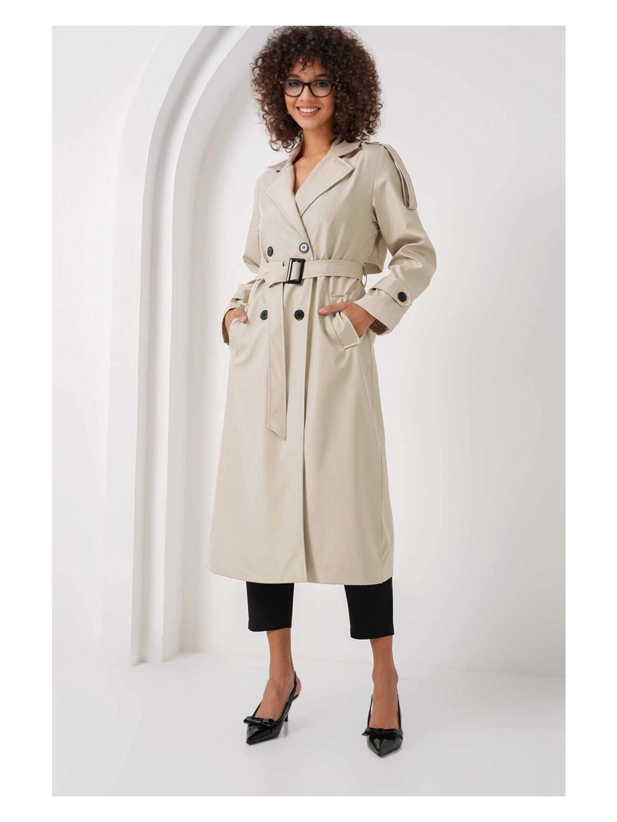 Hazelin Kadın Yağ Yeşili Kruvaze Yaka Astarlı Kemerli Mevsimlik Trençkot HZL25W-BD159411 - Görsel 3