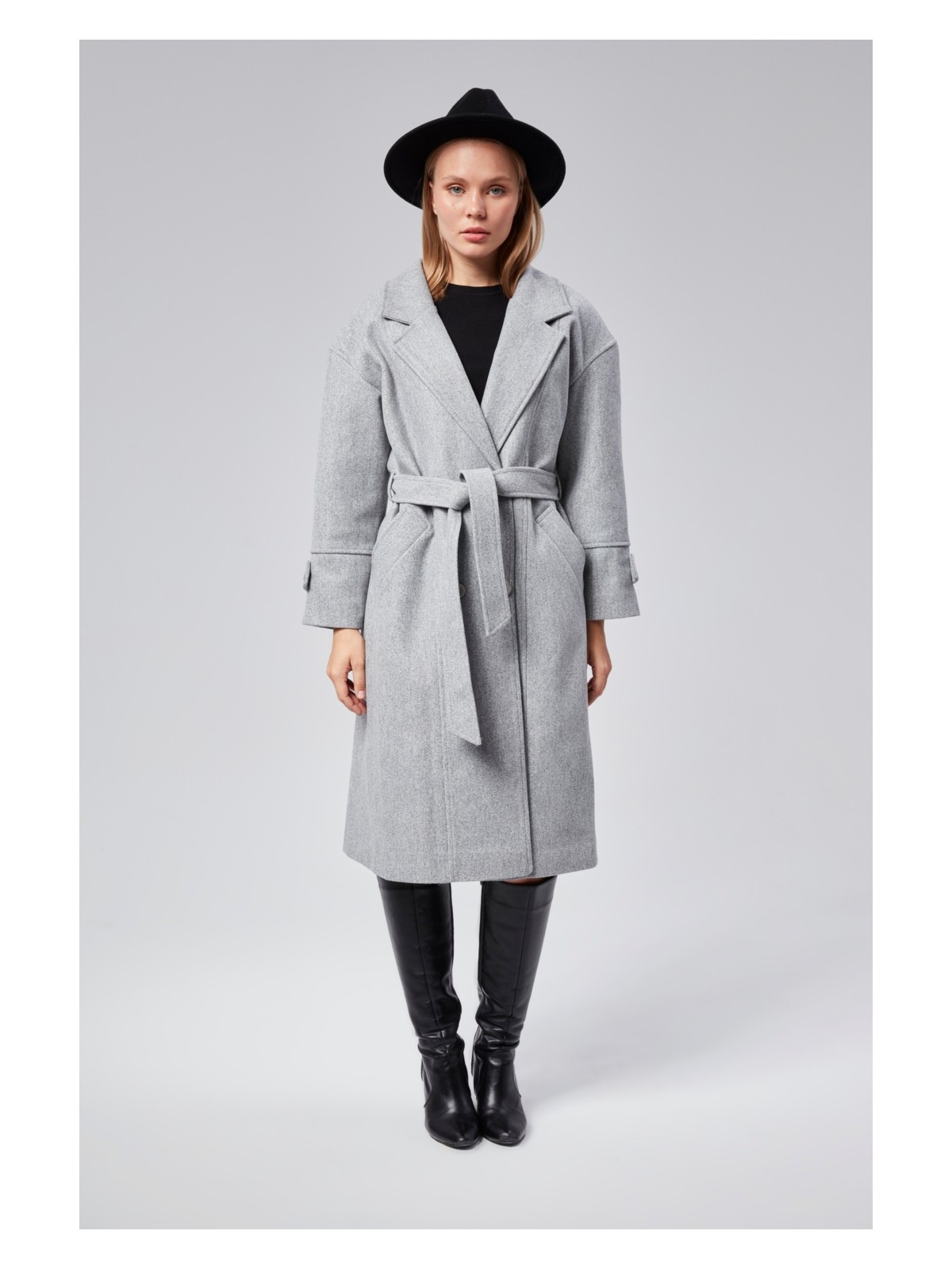 Bolivente Kuşaklı Oversize Kaşe Kaban - Görsel 3