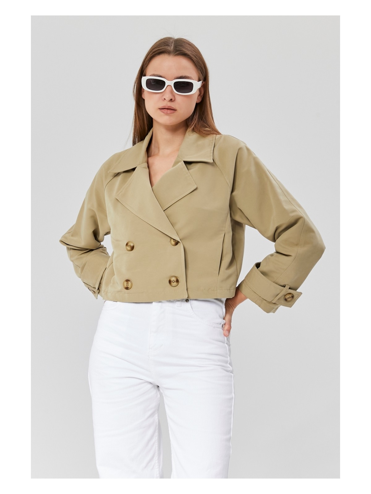 Bolivente Acı Kahve Kruvaze Yaka Crop Trençkot - Görsel 5