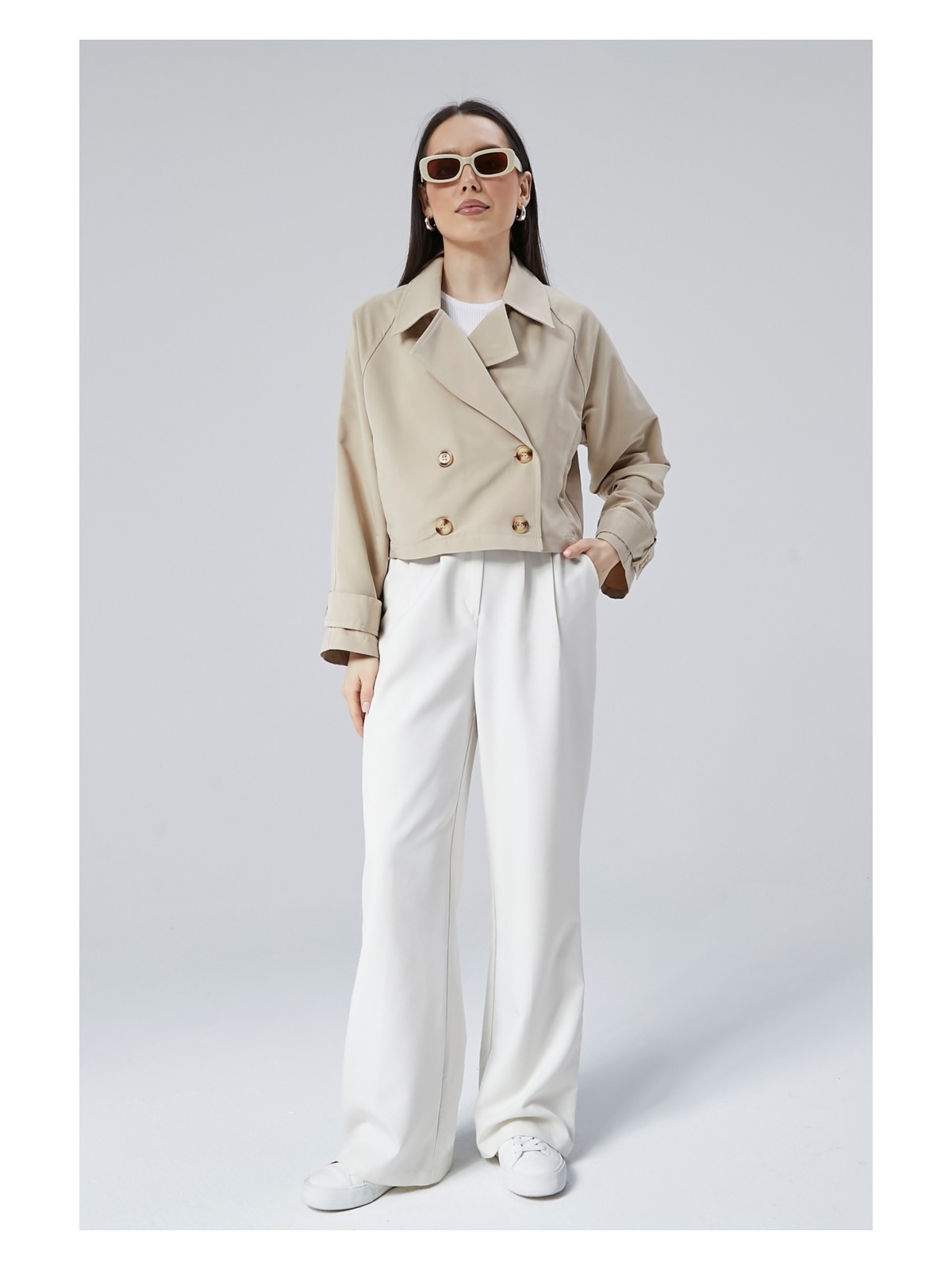 Bolivente Acı Kahve Kruvaze Yaka Crop Trençkot - Görsel 3