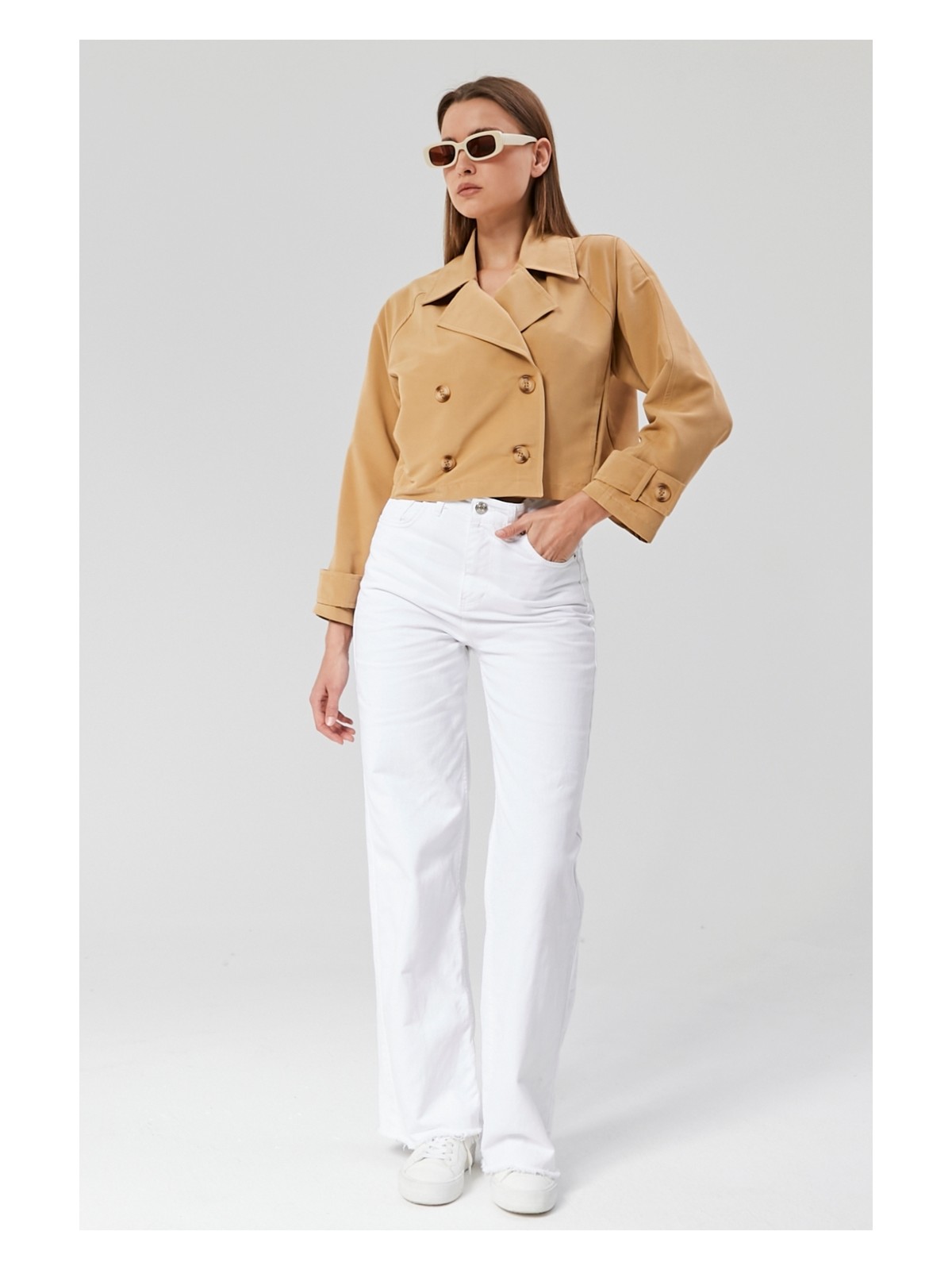 Bolivente Acı Kahve Kruvaze Yaka Crop Trençkot - Görsel 4