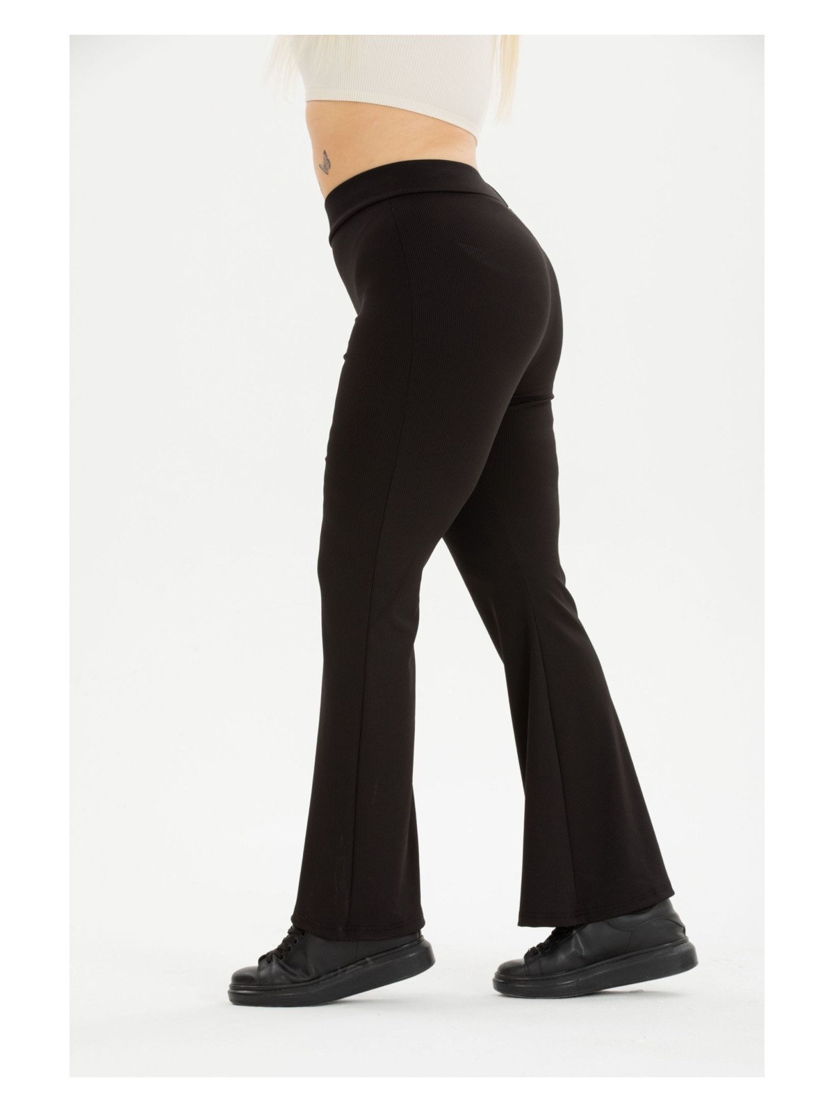 Banega Curve Büyük Beden Fitilli Ispanyol Paça Şardonlu Polarlı Yüksek Bel Toparlayıcı Siyah Tayt