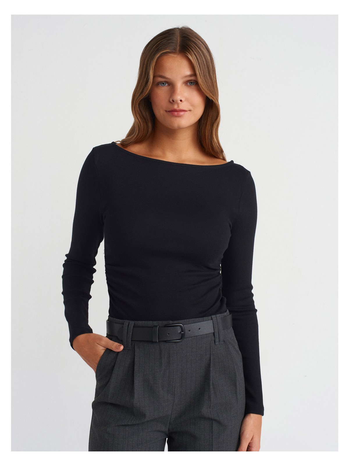 Dilvin 31401 Büzgülü Kayık Yaka Top-Taş - Görsel 6