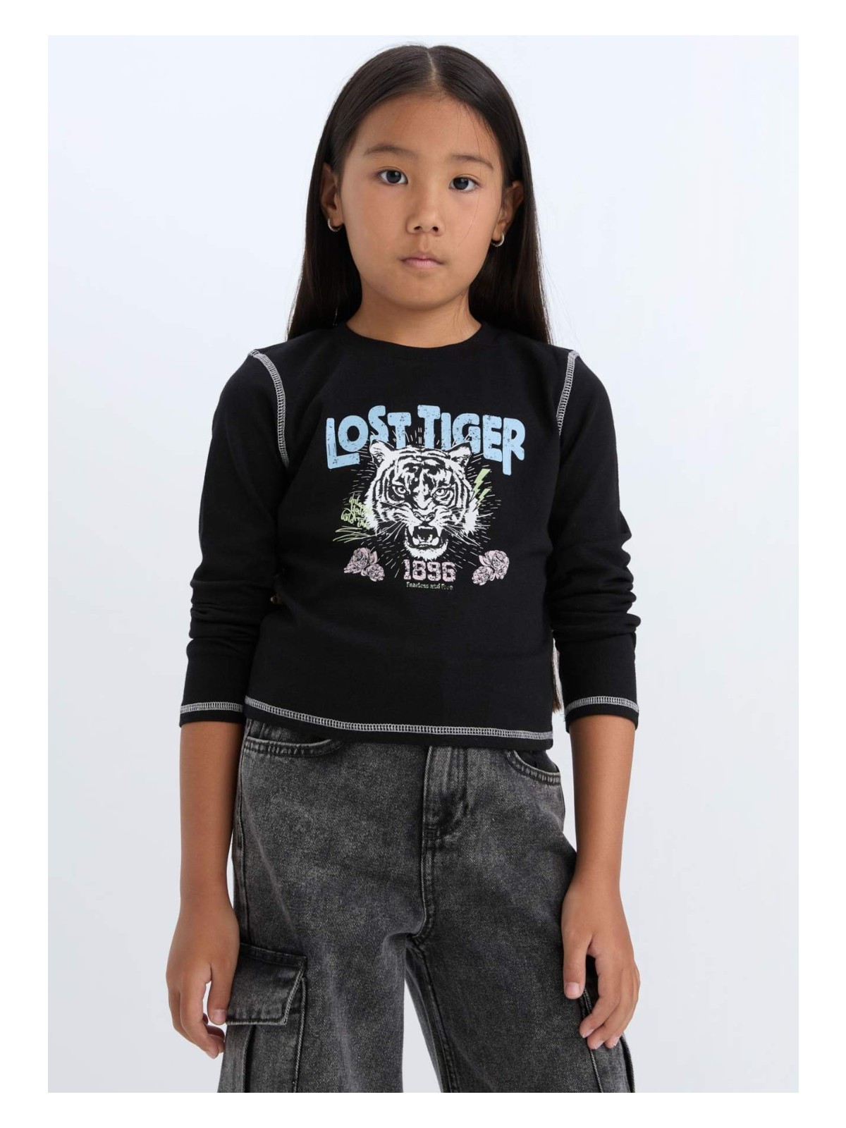 DeFacto Cropped Fit Bisiklet Yaka Baskılı Fitilli Kaşkorse Uzun Kollu Tişört Kız Çocuk D3430A824WN