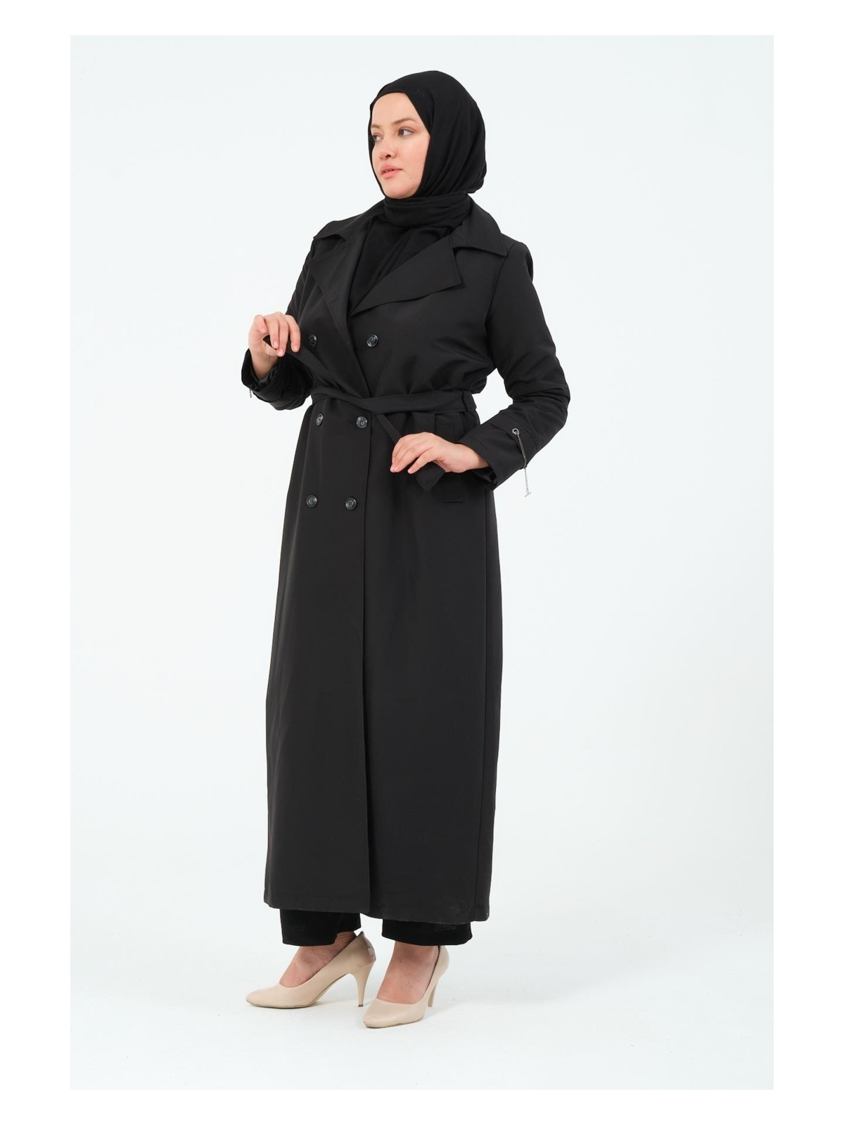 Glr & Gym Nevin Kadın Tam Boy Büyük Beden Coton Kumaş Trençkot - Görsel 4