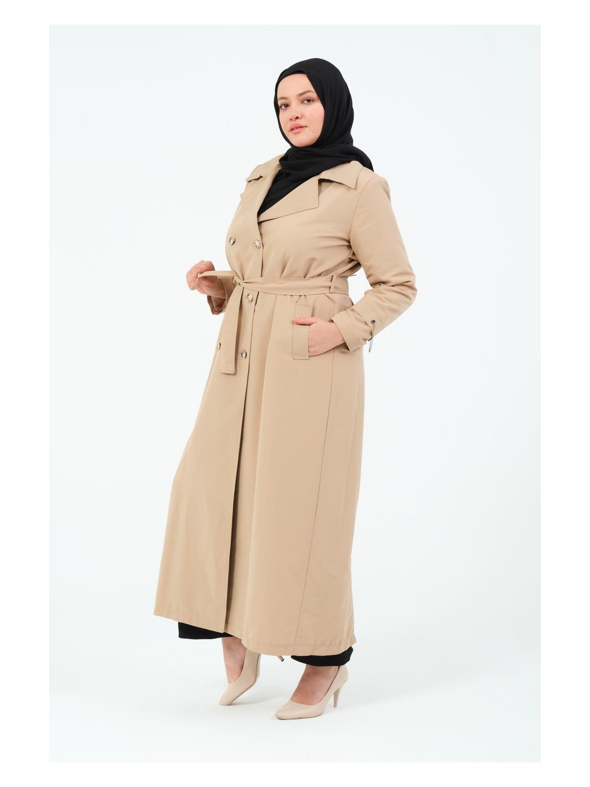 Glr & Gym Nevin Kadın Tam Boy Büyük Beden Coton Kumaş Trençkot