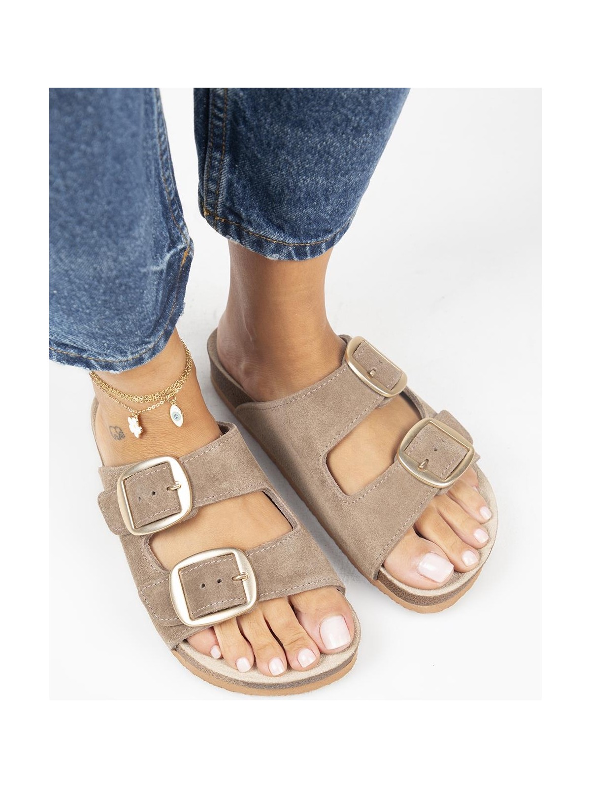 Manijero Irene Hakiki Deri Çift Tokalı Vizon Terlik