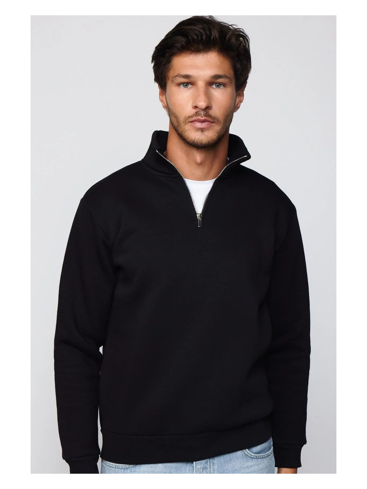 Tudors Unisex Relax Fit Rahat Kesim Pamuklu İçi Polarlı Yarım Fermuarlı Siyah Dik Yaka Sweatshirt