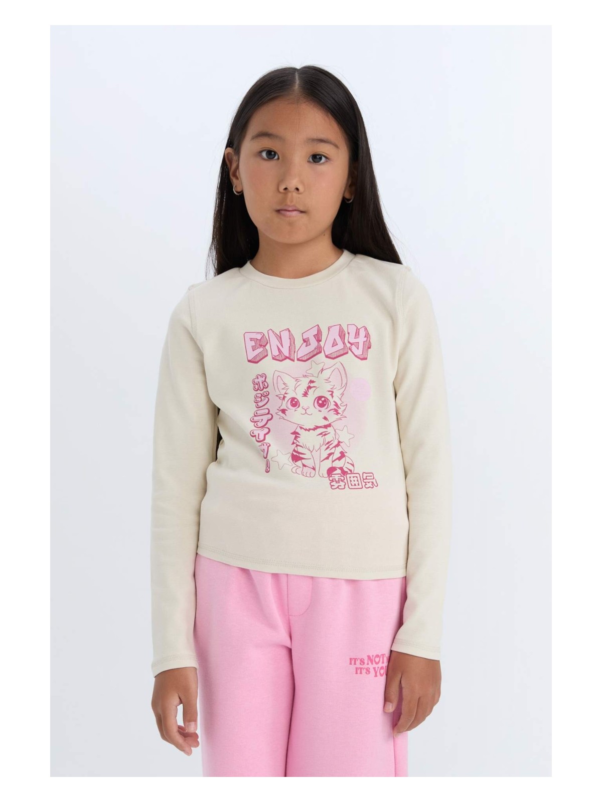 DeFacto Cropped Fit Bisiklet Yaka Baskılı Fitilli Kaşkorse Uzun Kollu Tişört Kız Çocuk D3430A824WN - Görsel 4