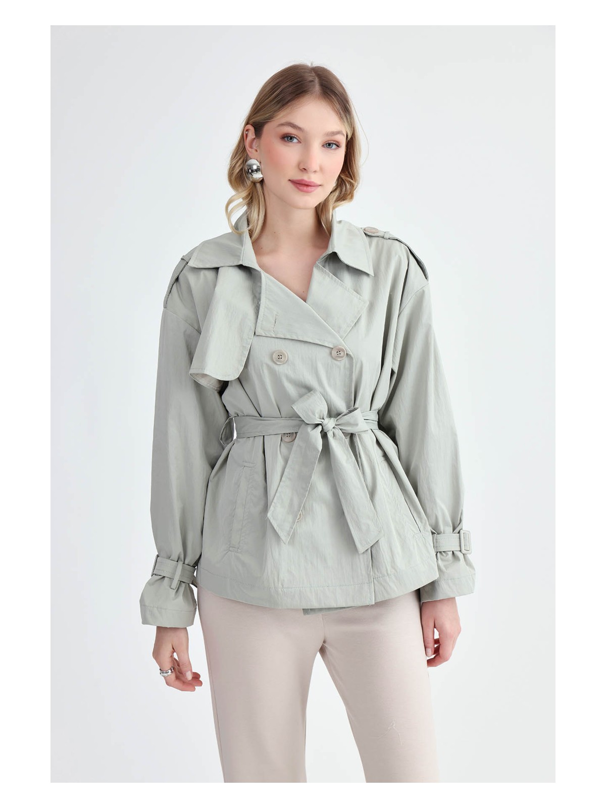 Vitrin Kemerli Kısa Trençkot - Görsel 3