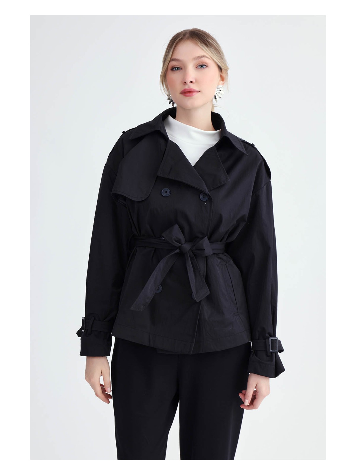 Vitrin Kemerli Kısa Trençkot - Görsel 4